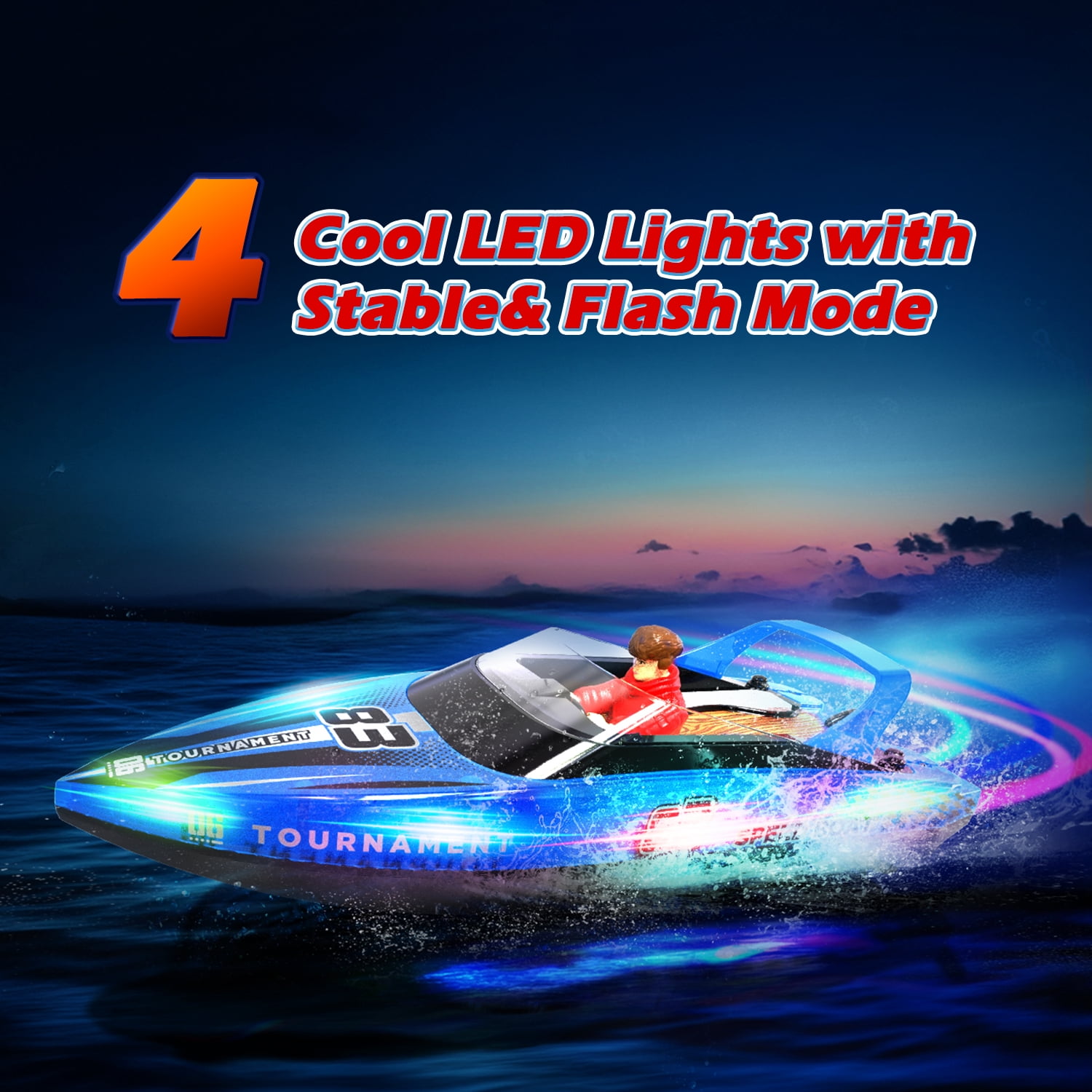 JoyStone RC Boat with LED Lights, Dual Motor Remote Control Racing Speedboat for Pools and Lakes (Blue, 10 in) dva7n