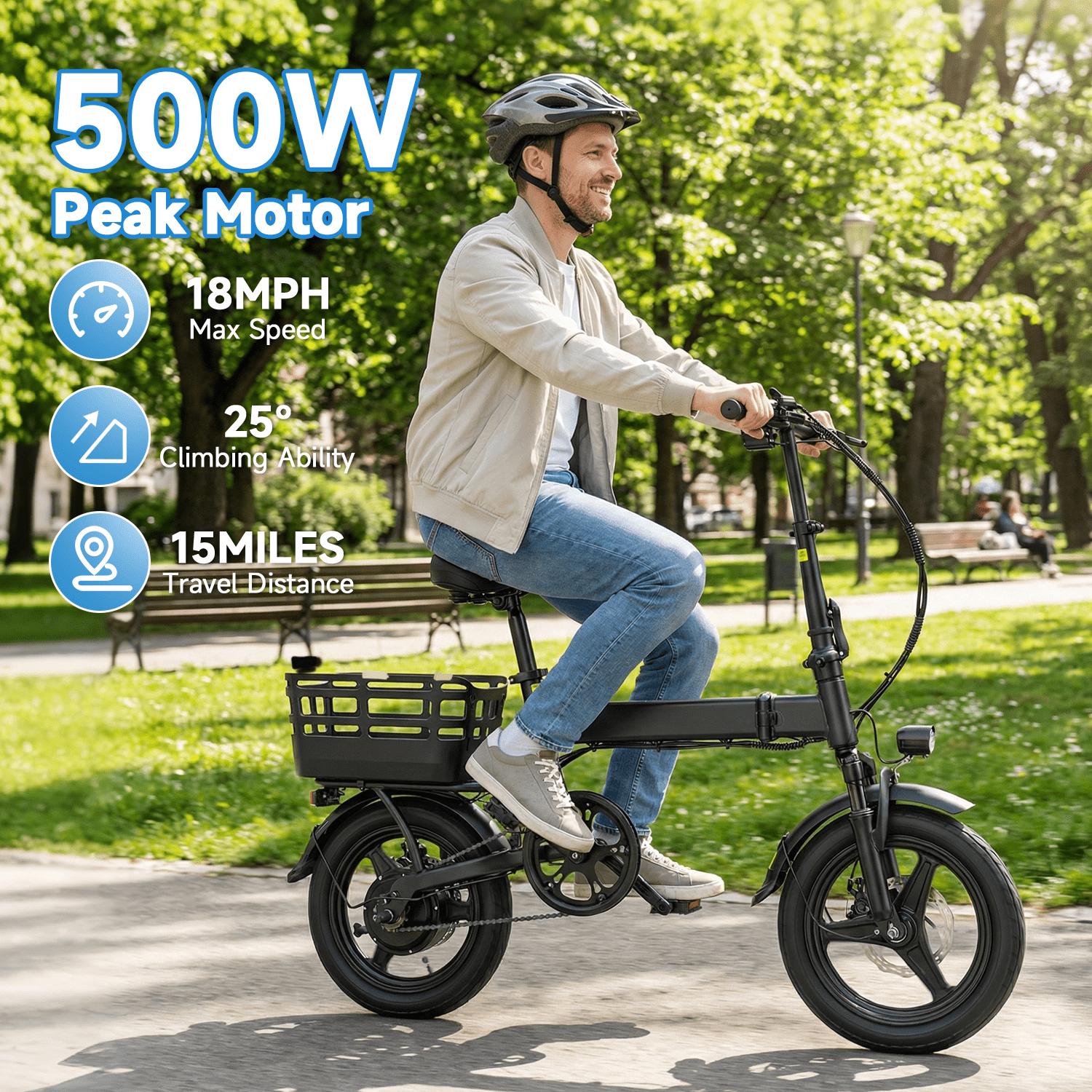BroPath Folding Electric Bike for Adults, 500W Motor Commuter E-Bike with Rear Basket (Black, 14 in) dj06l
