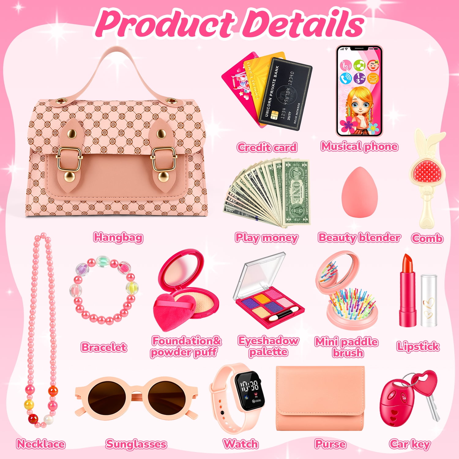 Flooyes Kids Makeup Toy Set Pretend Play Handbag with Necklace and Watch (Pink, 1 Set) api8t