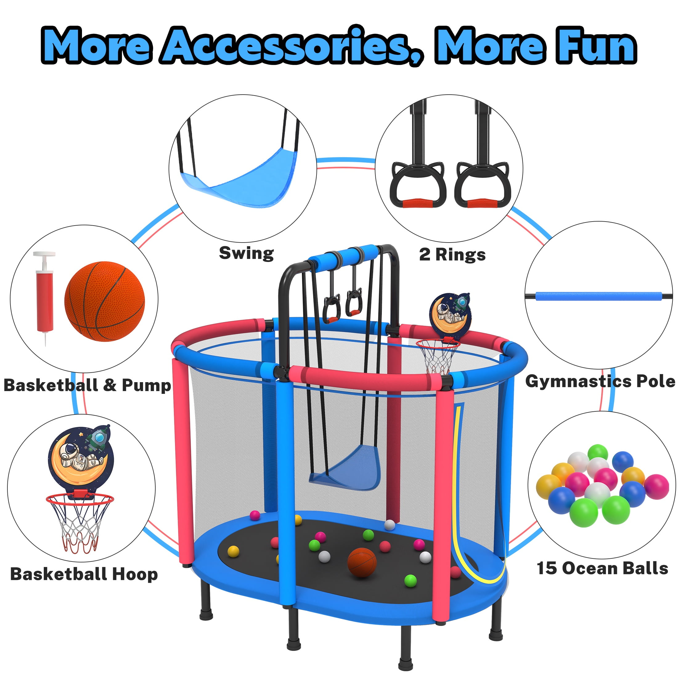 Segmart Kids Trampoline with Safety Enclosure, Basketball Hoop, Swing, and Gymnastic Rings (Blue, 60 in) zgj3e