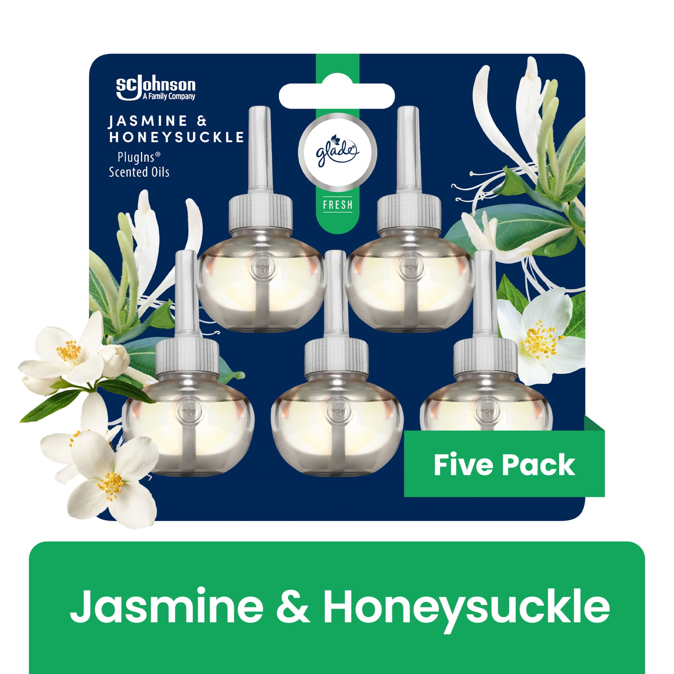Glade PlugIns Scented Oil Air Freshener Refills, Jasmine & Honeysuckle, Long-Lasting Floral Fragrance (5 Pack, 0.67 fl oz Each) 3wtv5