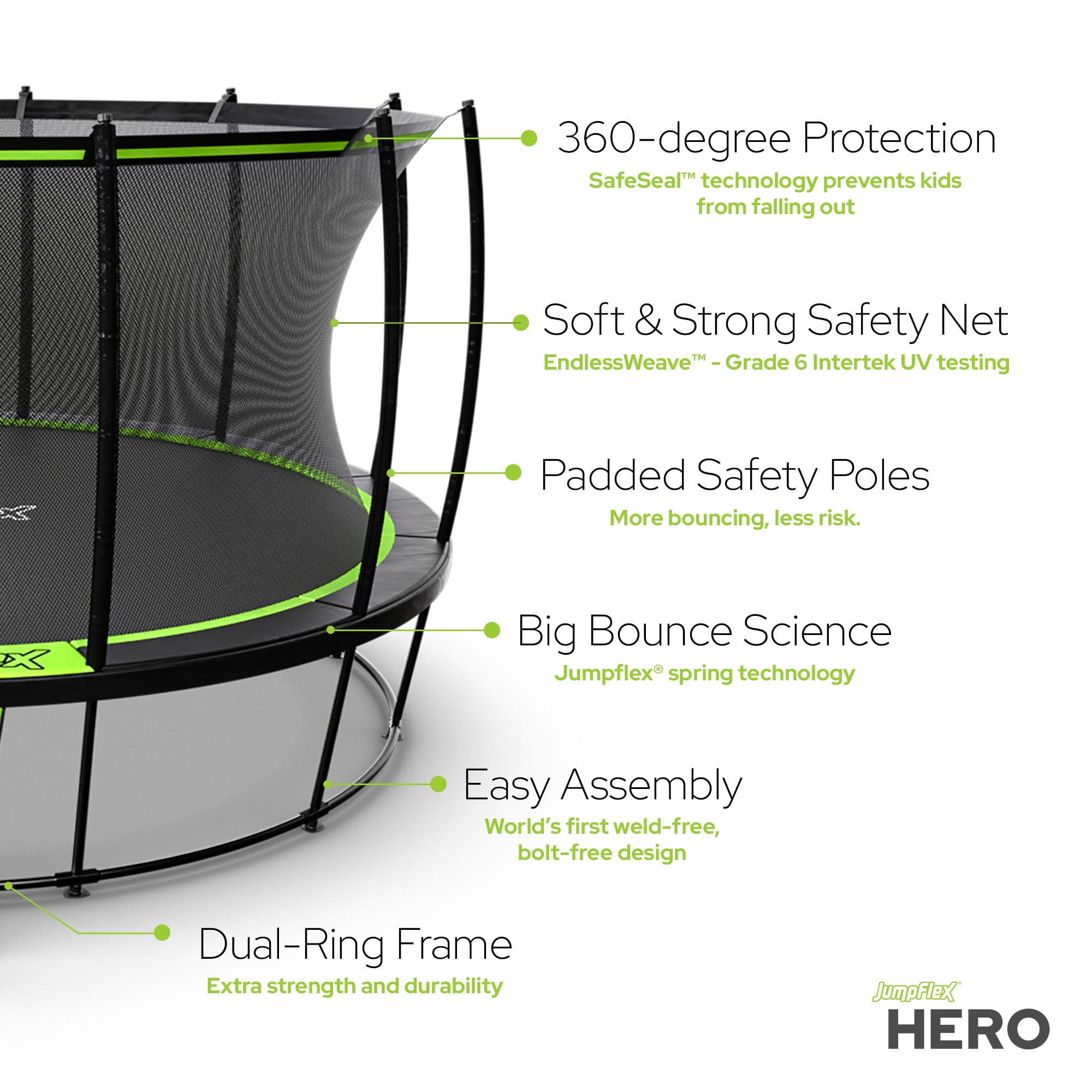 JumpFlex HERO Round Trampoline with Safety Net Enclosure and Ladder (Black/Green, 15 ft) 85dn0