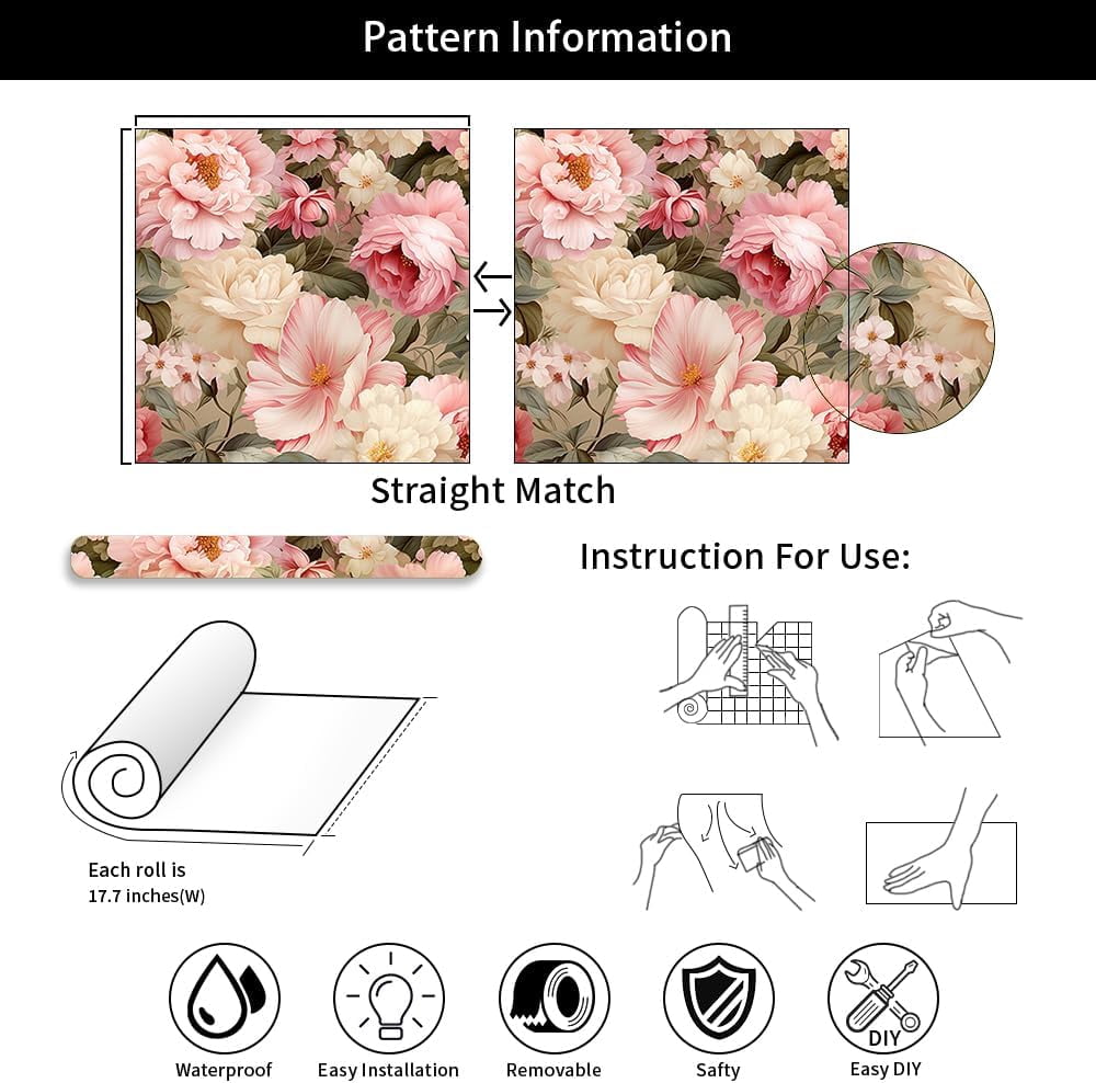Usachibb Vintage Peony Floral Peel and Stick Wallpaper, Self-Adhesive Removable Wall Decor (Pink, 17.7 in x 118.1 in) qsd65