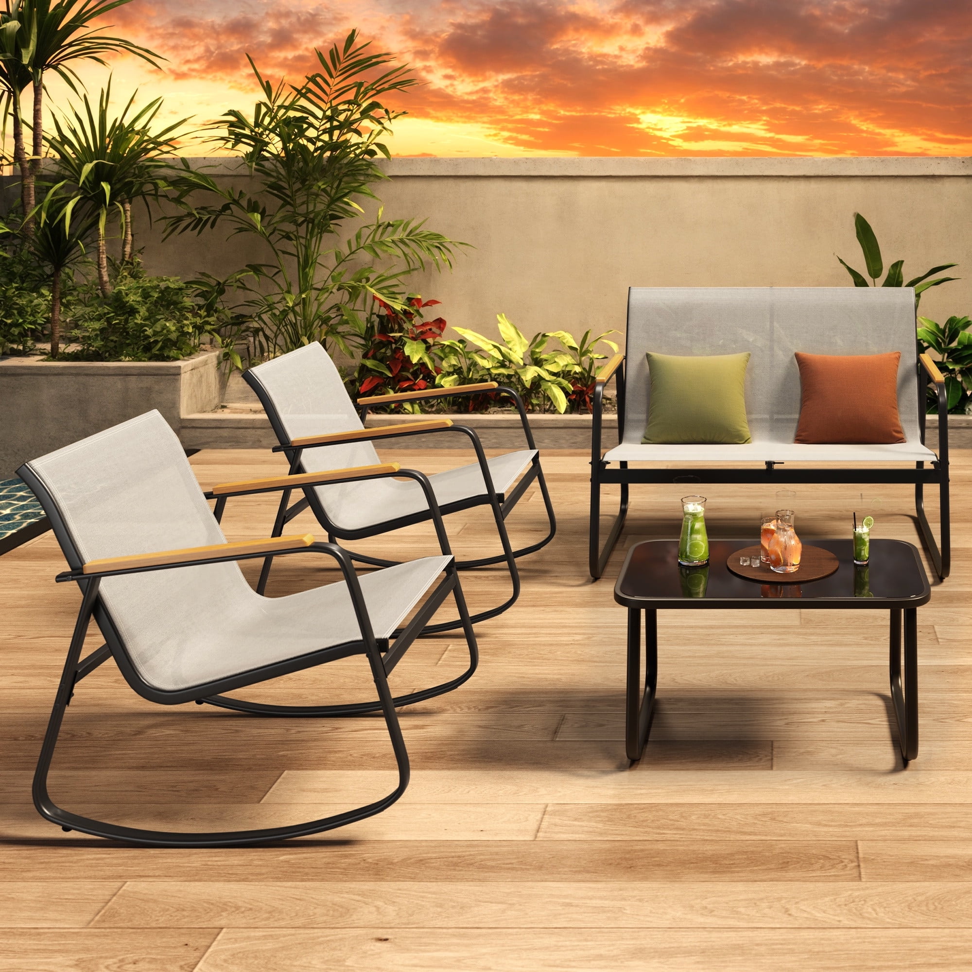 Lofka 4-Piece Patio Conversation Set with Rocking Chairs, Loveseat, and Glass Coffee Table (Gray, 4-Piece Set) zm9ee