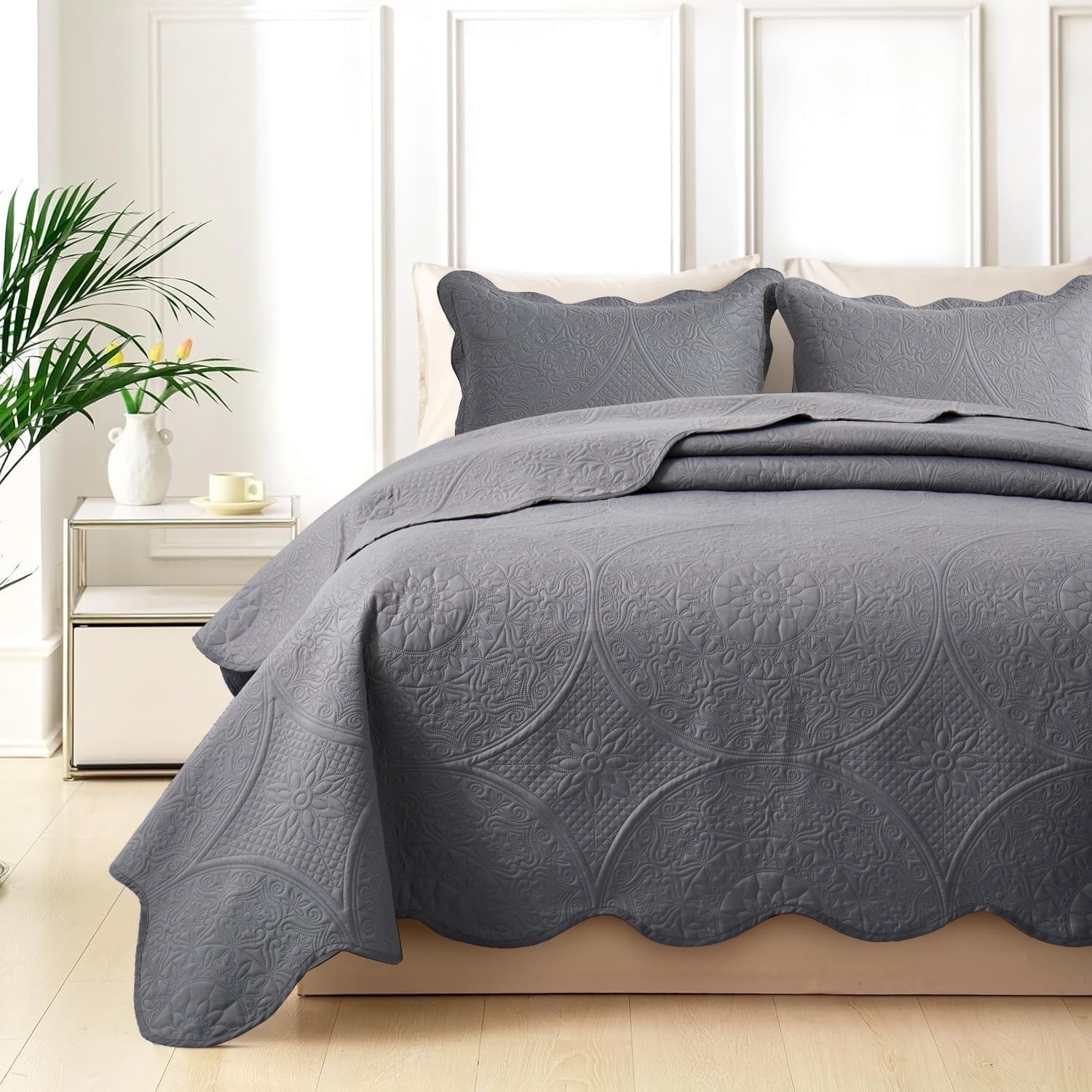 Moonlight Bedding 3 Piece Ultrasonic Quilt Set Floral Pattern (Gray, Queen) 4bcsn