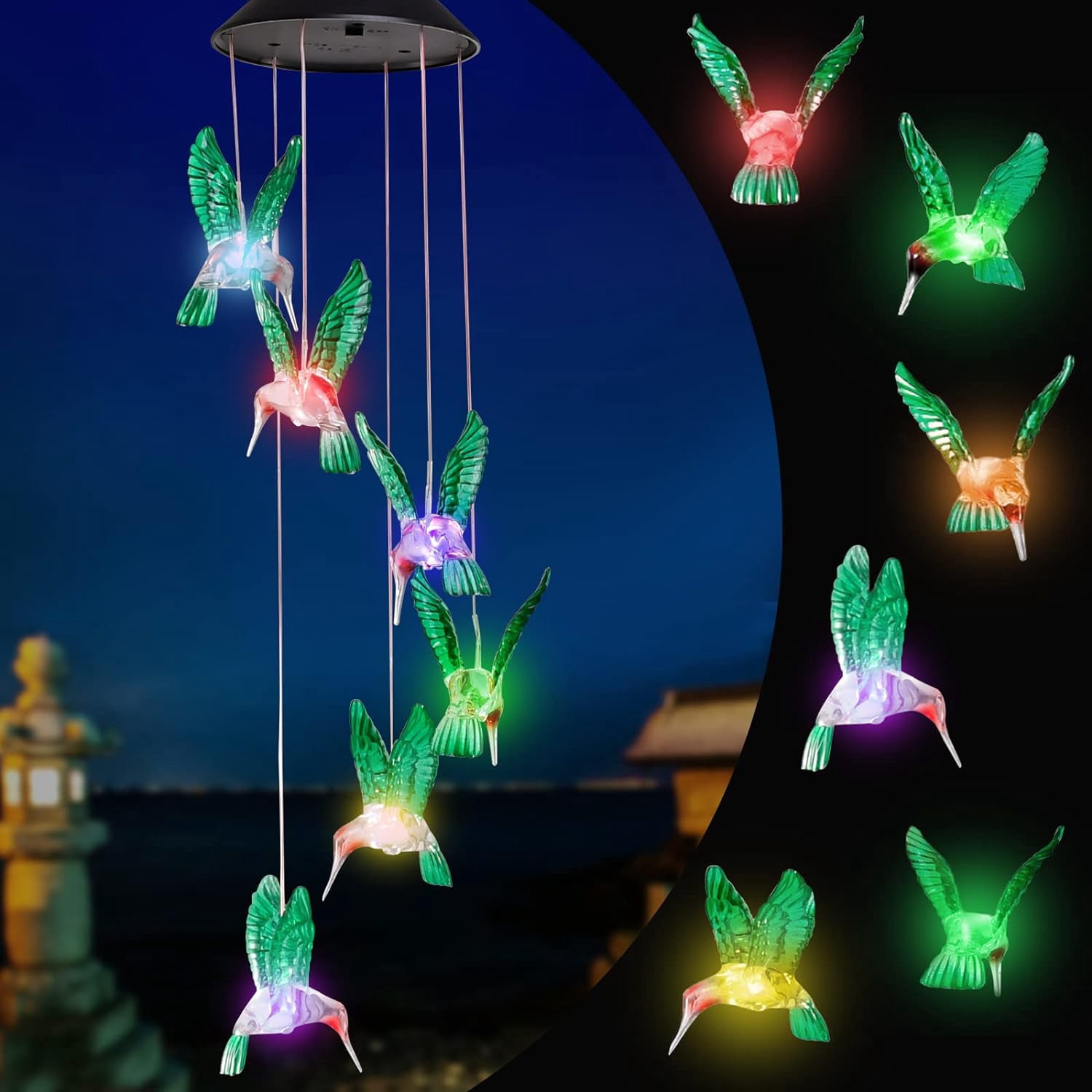 Bshapplus Solar Hummingbird Wind Chimes, Color Changing LED Waterproof Outdoor Hanging Light (1 Pack) 65wrk