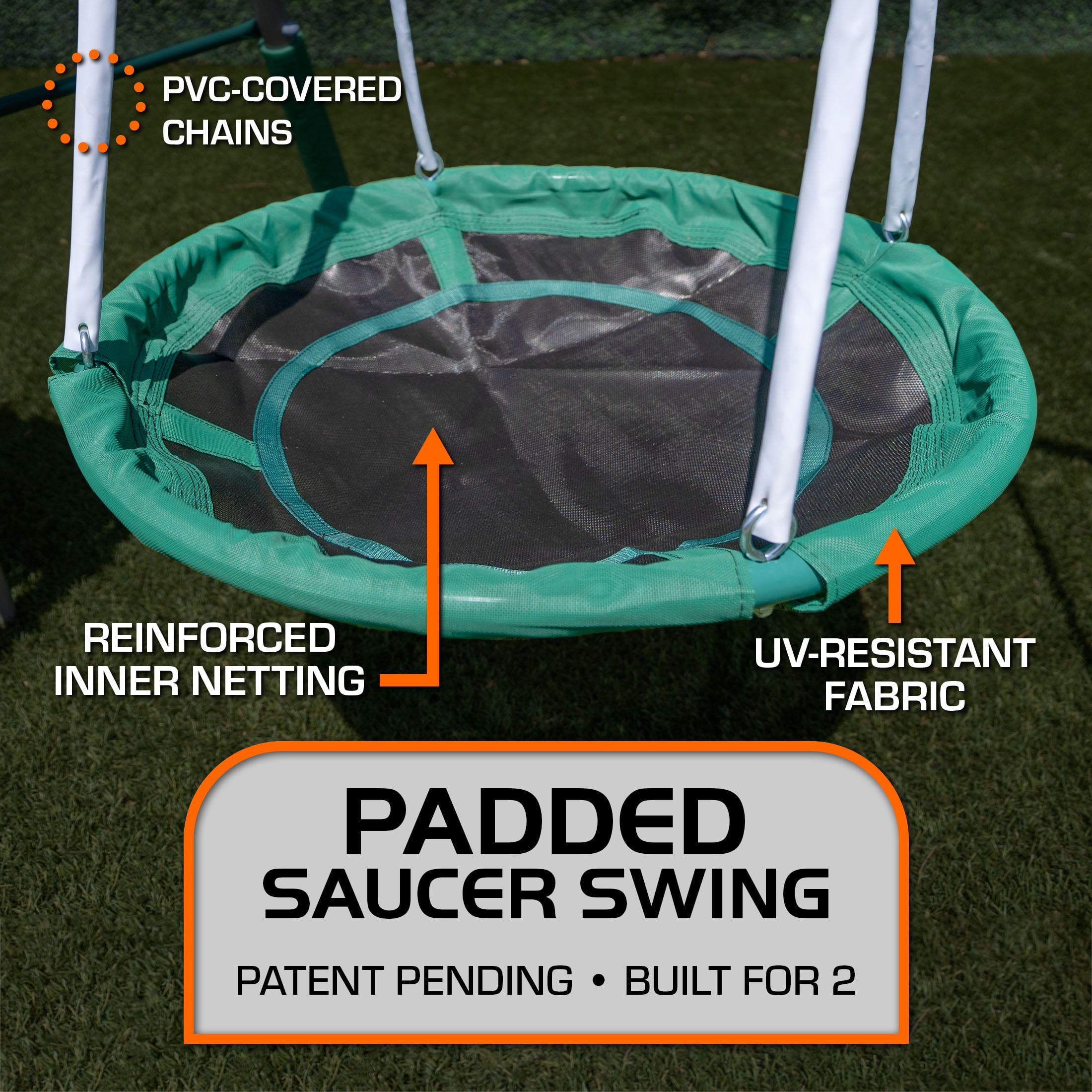 The Swing Company Northridge Metal Swing Set with Saucer Swing and 5 ft Wavy Slide (Green) hxxdv