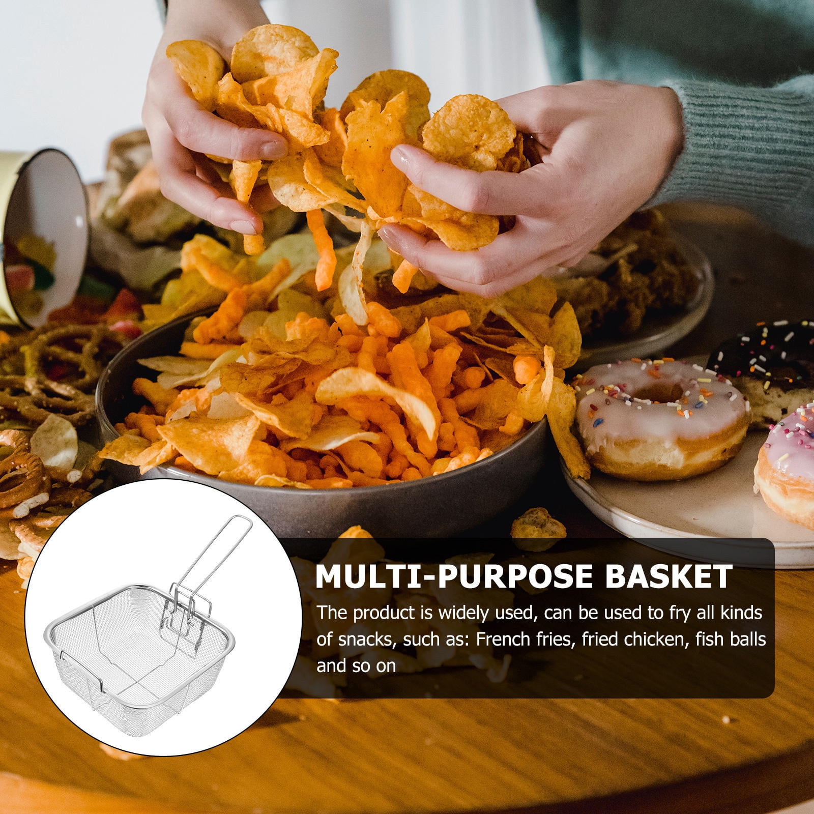 LOLIPPYY Stainless Steel Square Deep Fryer Basket with Fine Mesh Strainer (Silver, 8 in x 8 in) xy963