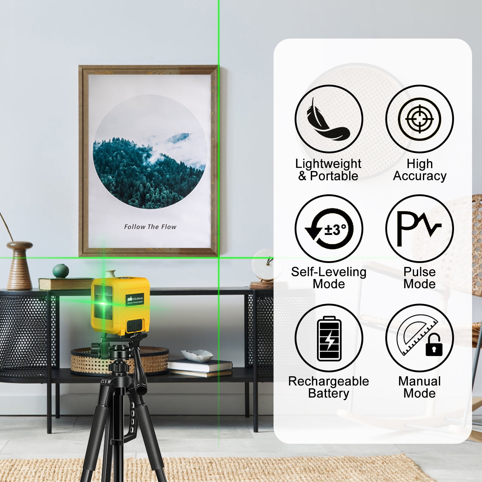GloBest Portable Rechargeable Green Laser Level, Self-Leveling Cross Line Tool with Magnetic Bracket (Green, 100 ft Range) o3r6b