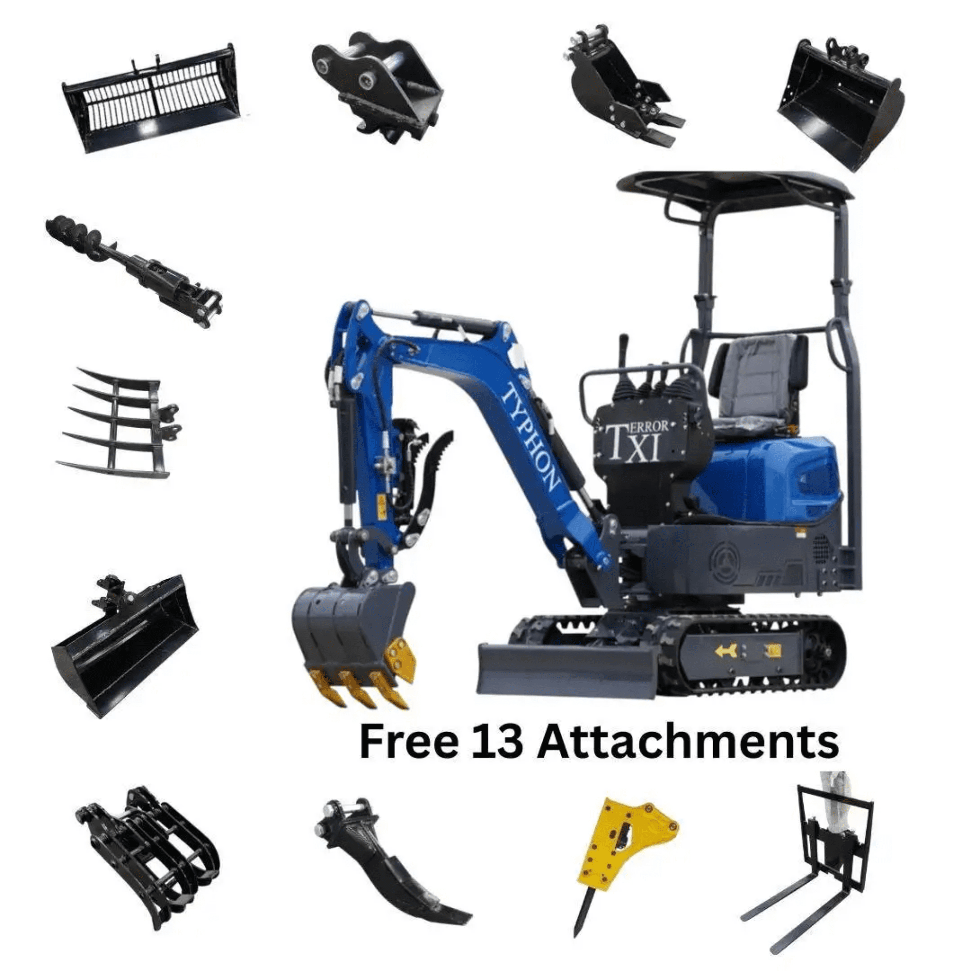 TYPHON TERROR XI Mini Excavator with 13 Attachments (Blue, 13.5hp) gmst4