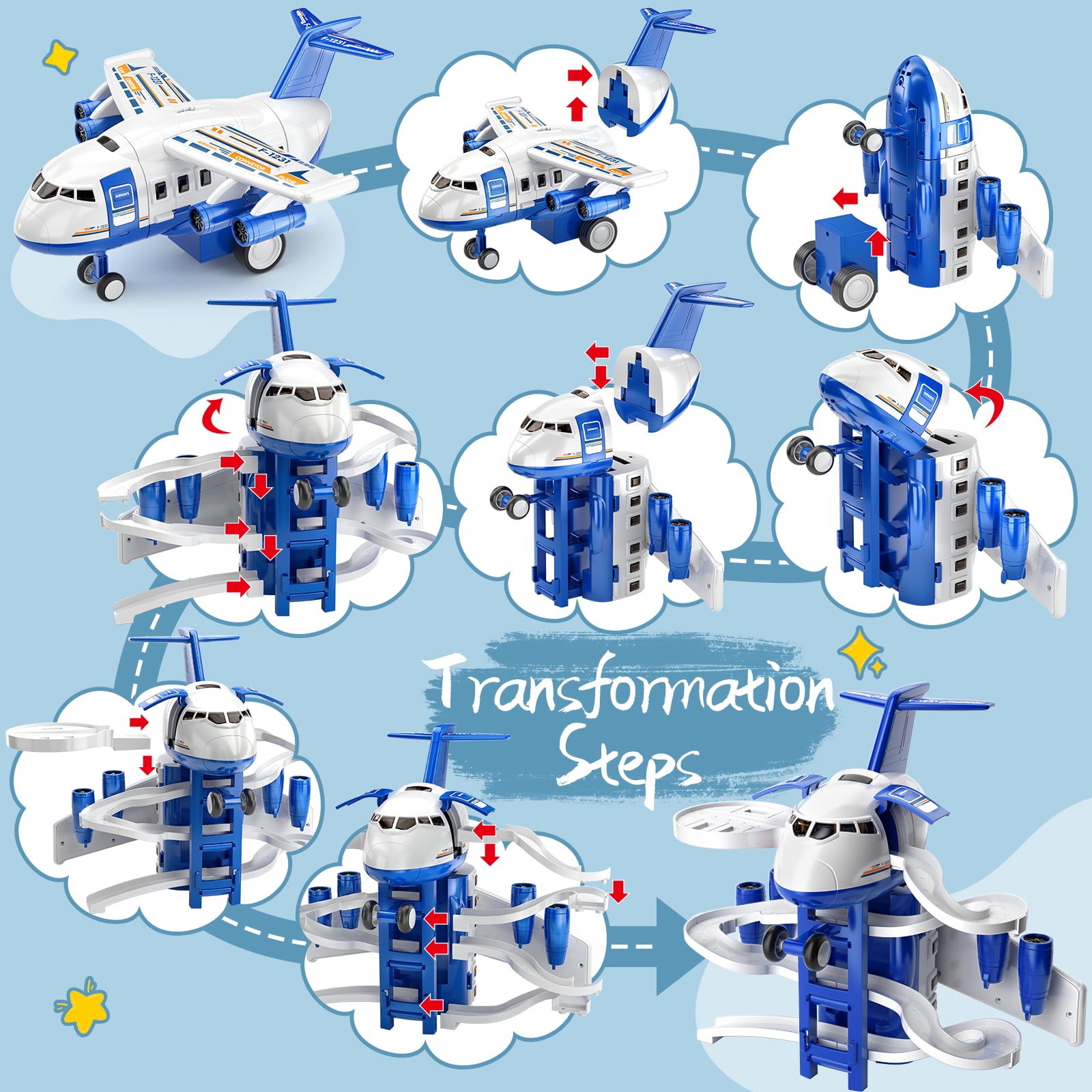 Lucky Doug Airplane Toy Set with Track and 8 Mini Cars (Blue, 1 Set) 3z9s0