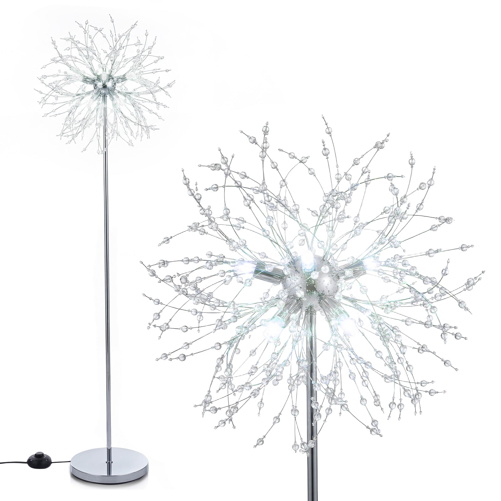 Gymax Crystal Floor Lamp Dandelion Style Standing Light with Foot Switch (Silver, 63 in) 9vs9v