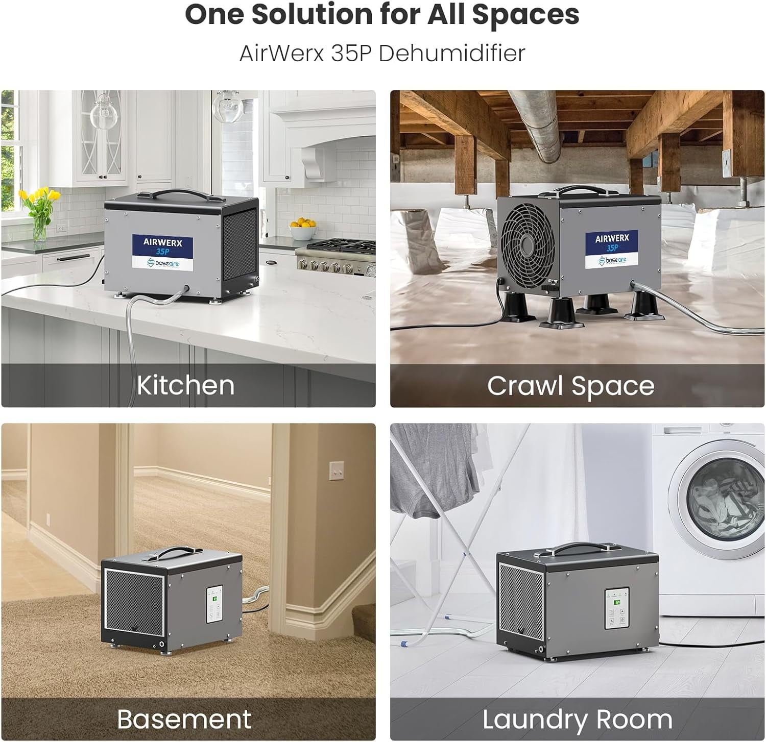 BaseAire 70 PPD Crawlspace Dehumidifier with Pump for Basements and Water Damage (Grey, 15.35 x 11.2 x 11.4 in) tj76a