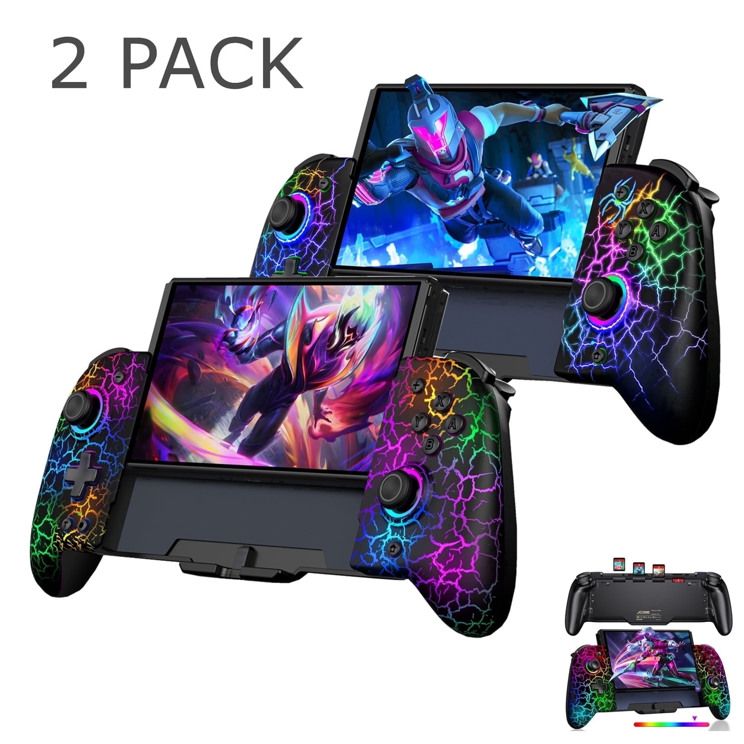 Beboncool Wireless Switch Controller Grip Set with Hall Effect Joysticks and RGB Lighting (Black, 2-Pack) a0g7z