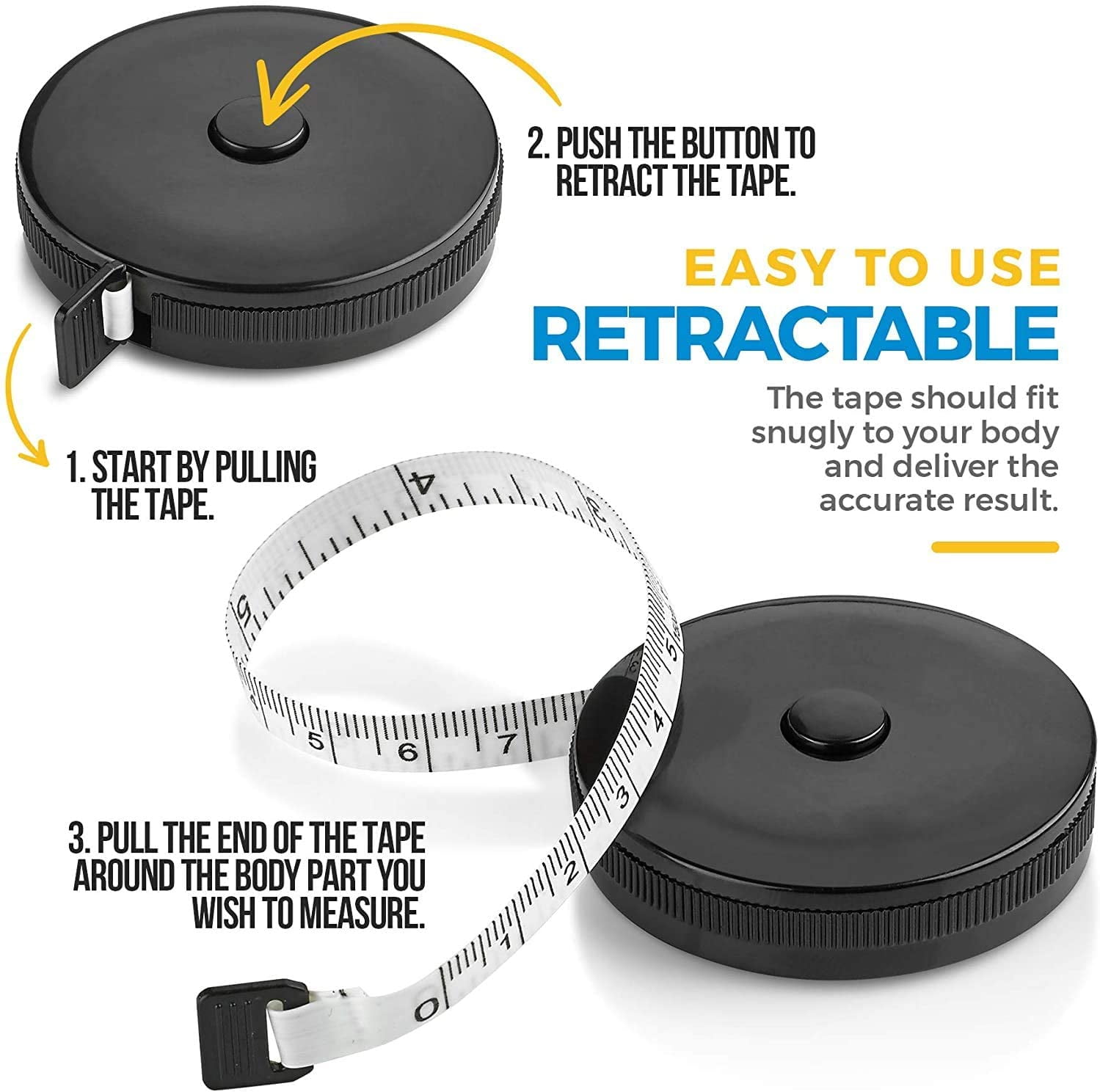 MEDca Retractable Body Measuring Tape for Fitness and Weight Loss (Black, 60 in, 2 Pack) gzsen