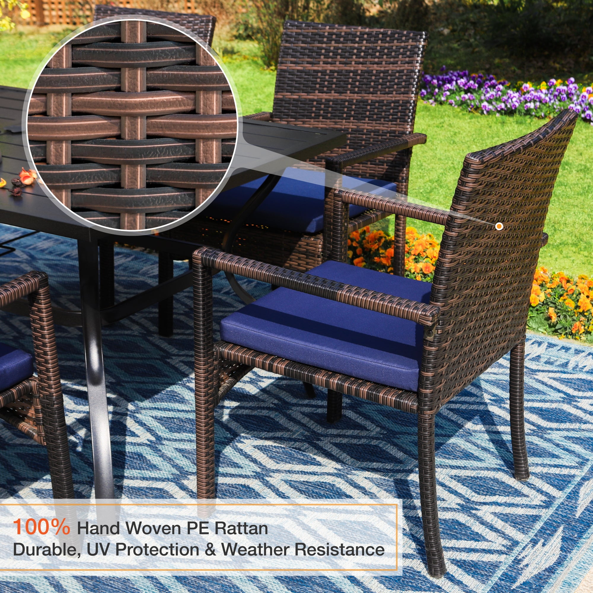 Alpha Joy 8-Piece Outdoor Patio Dining Set with Cushioned Rattan Chairs, Metal Table and 13 ft Navy Umbrella (Navy, 8-Piece Set) mwze0