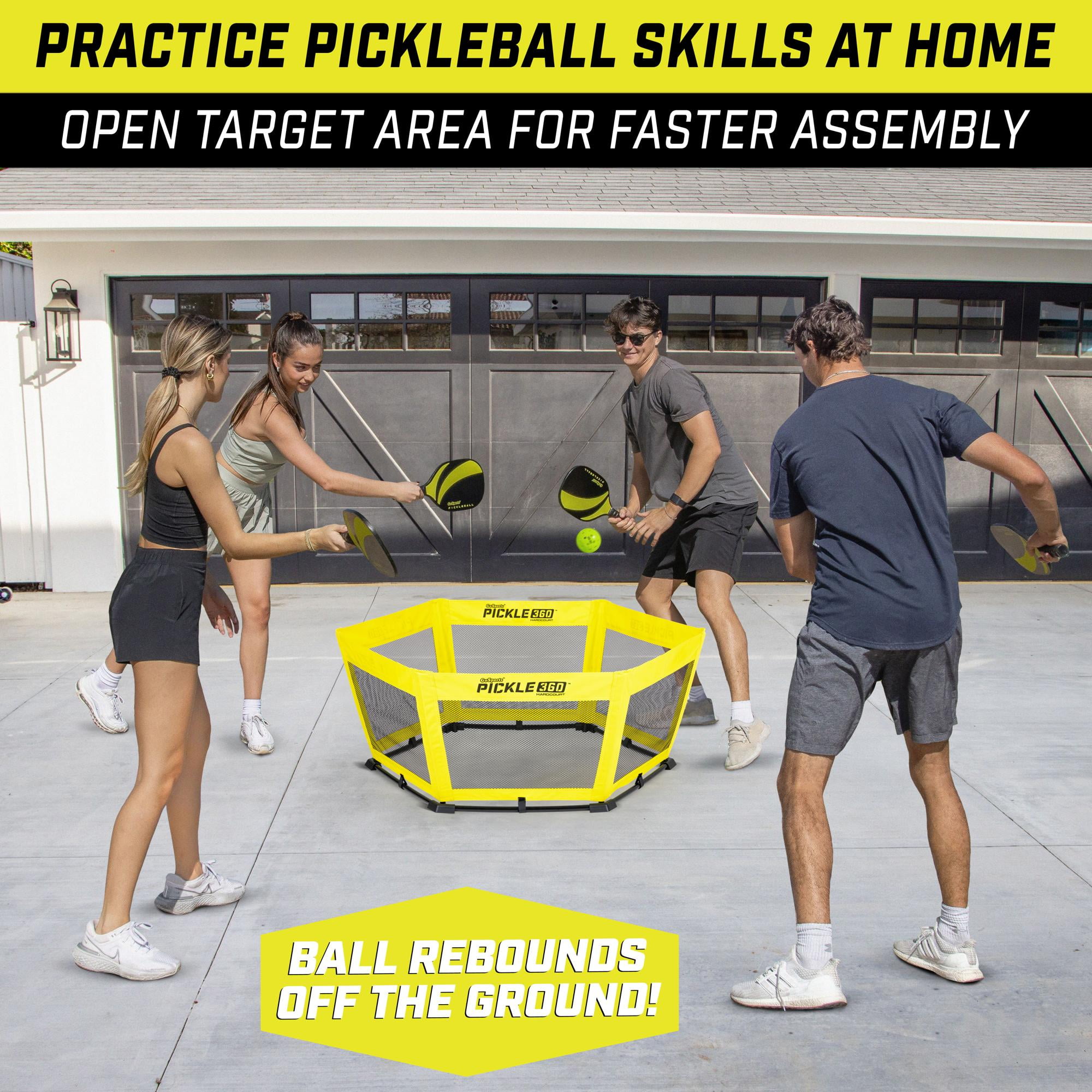 GoSports Pickle 360 Hardcourt Game Set, Hybrid Pickleball & Roundnet Paddle Ball (Yellow, 4-Player Set) ibuwl