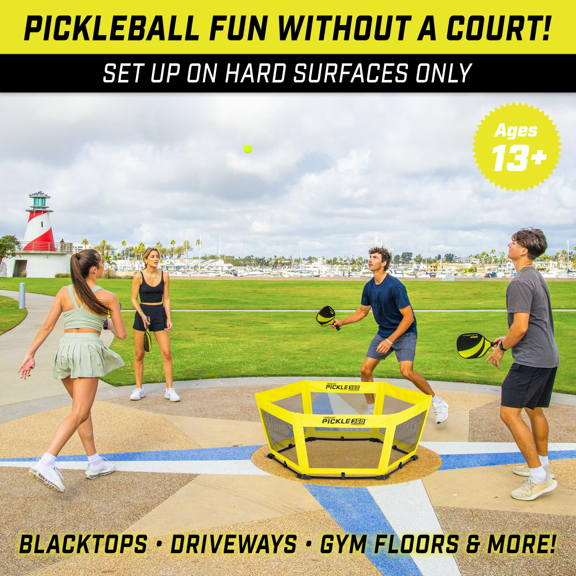 GoSports Pickle 360 Hardcourt Game Set, Hybrid Pickleball & Roundnet Paddle Ball (Yellow, 4-Player Set) ibuwl