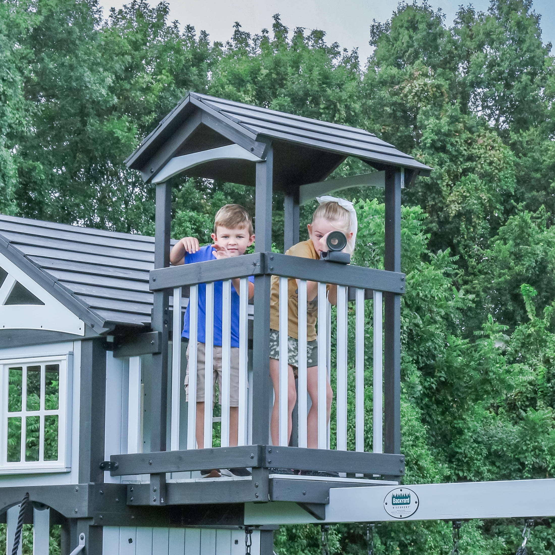 Backyard Discovery Whispering Point Cedar Wood Swing Set with Slide and Clubhouse (Light Gray, 8 ft Slide) 4jq9d