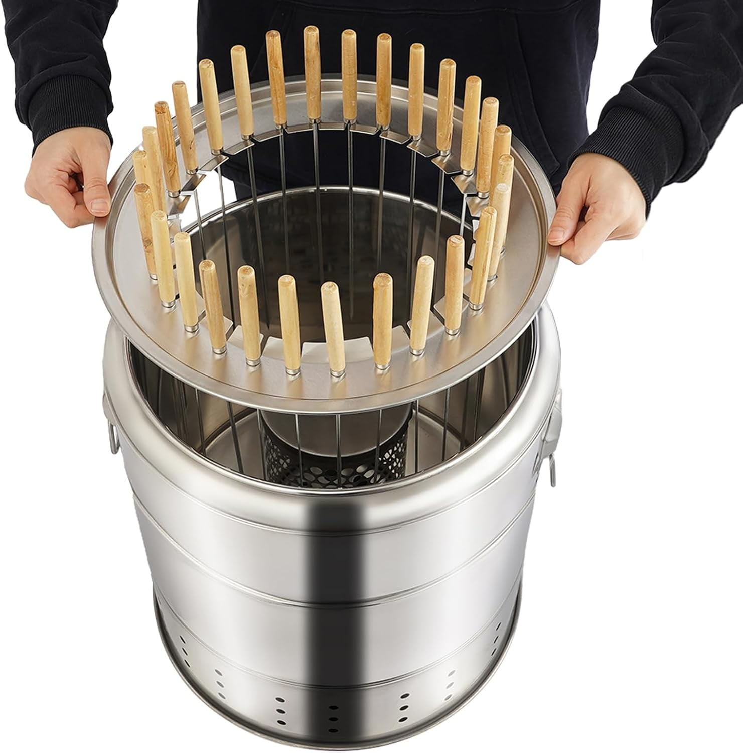 Generic Portable Smokeless Charcoal Barrel Grill, Stainless Steel Kebab BBQ with 28 Skewer Capacity (Silver, 1 Unit) qsnsc