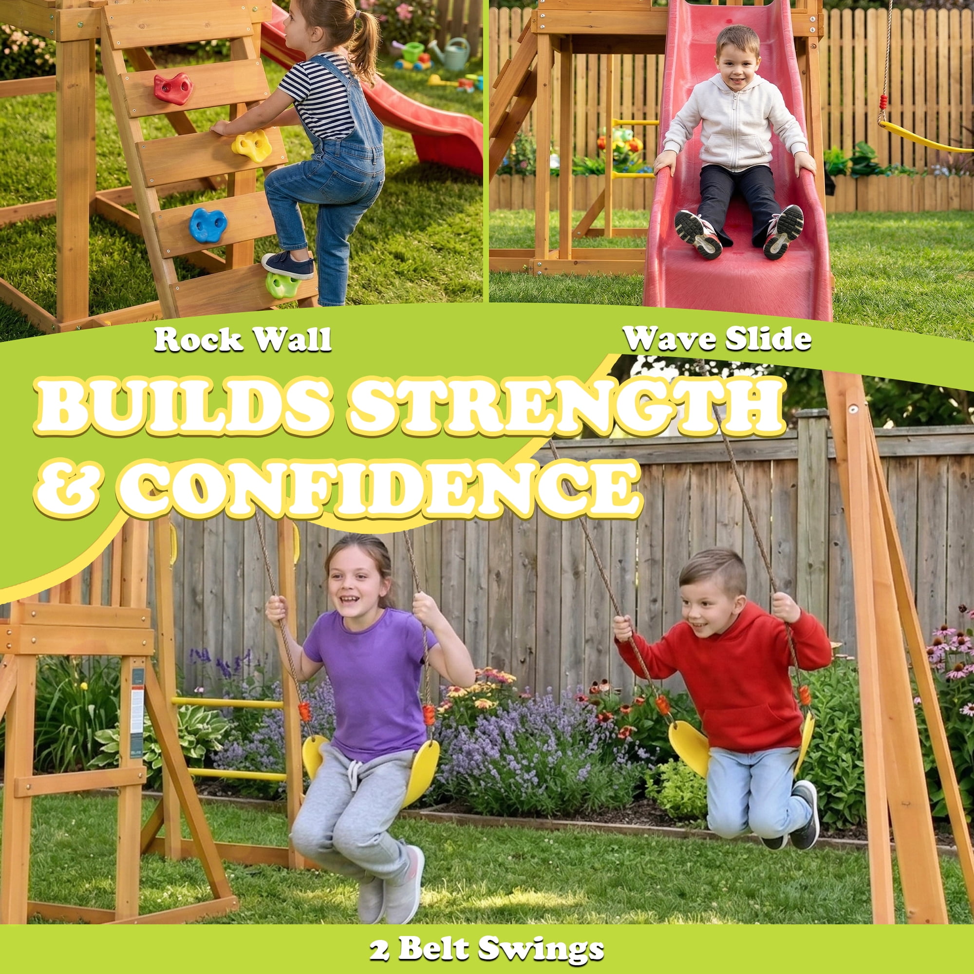 SuniBoxi Wooden Playground Set with Monkey Bars, Wave Slide, and 2 Belt Swings (Yellow, 1 Set) vaghr