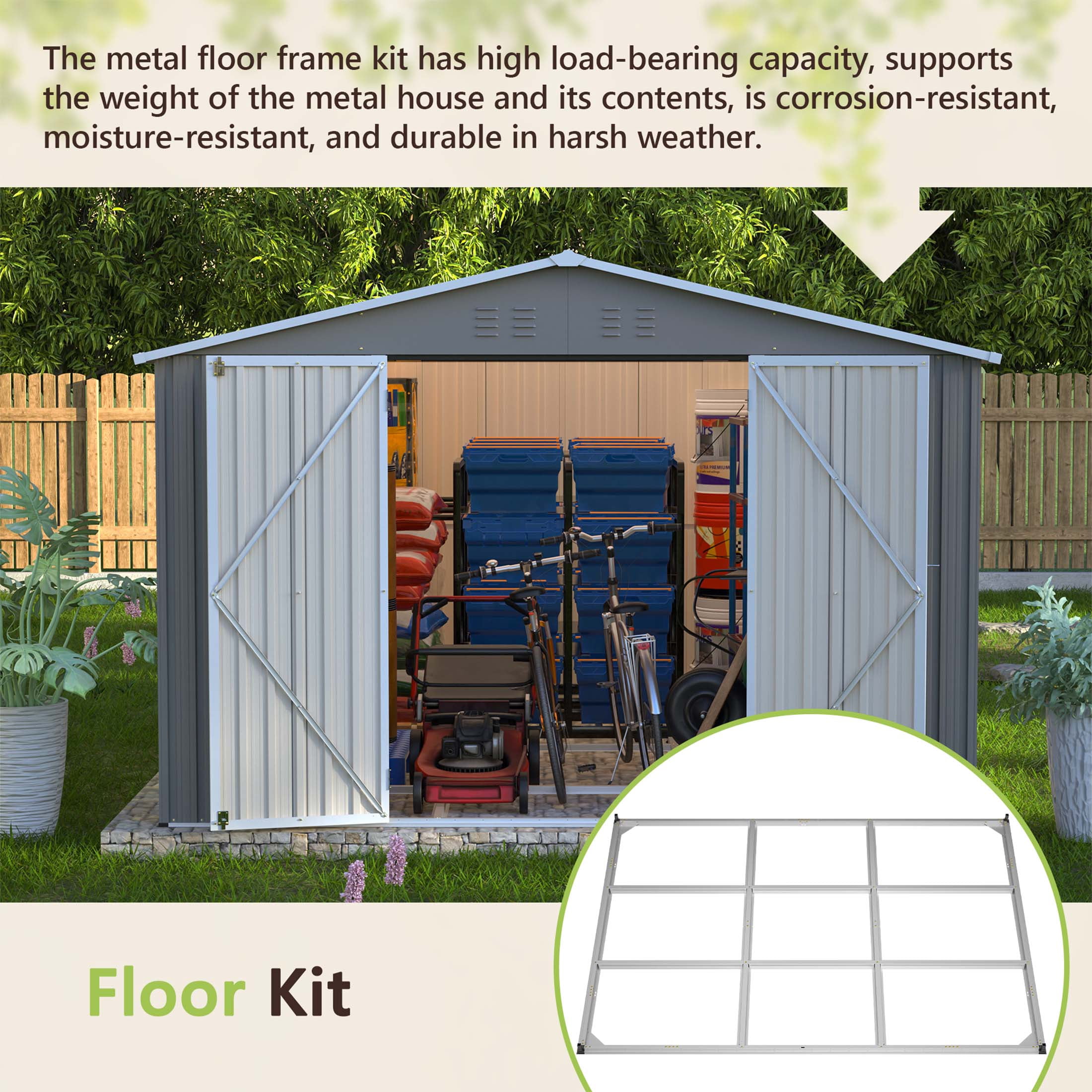 LZBEITEM Outdoor Storage Shed with Floor Frame Kit, Galvanized Steel Garden Tool Shed, Weatherproof Backyard Storage with Lockable Double Doors (Gray, 10 ft x 12 ft) 7fx83