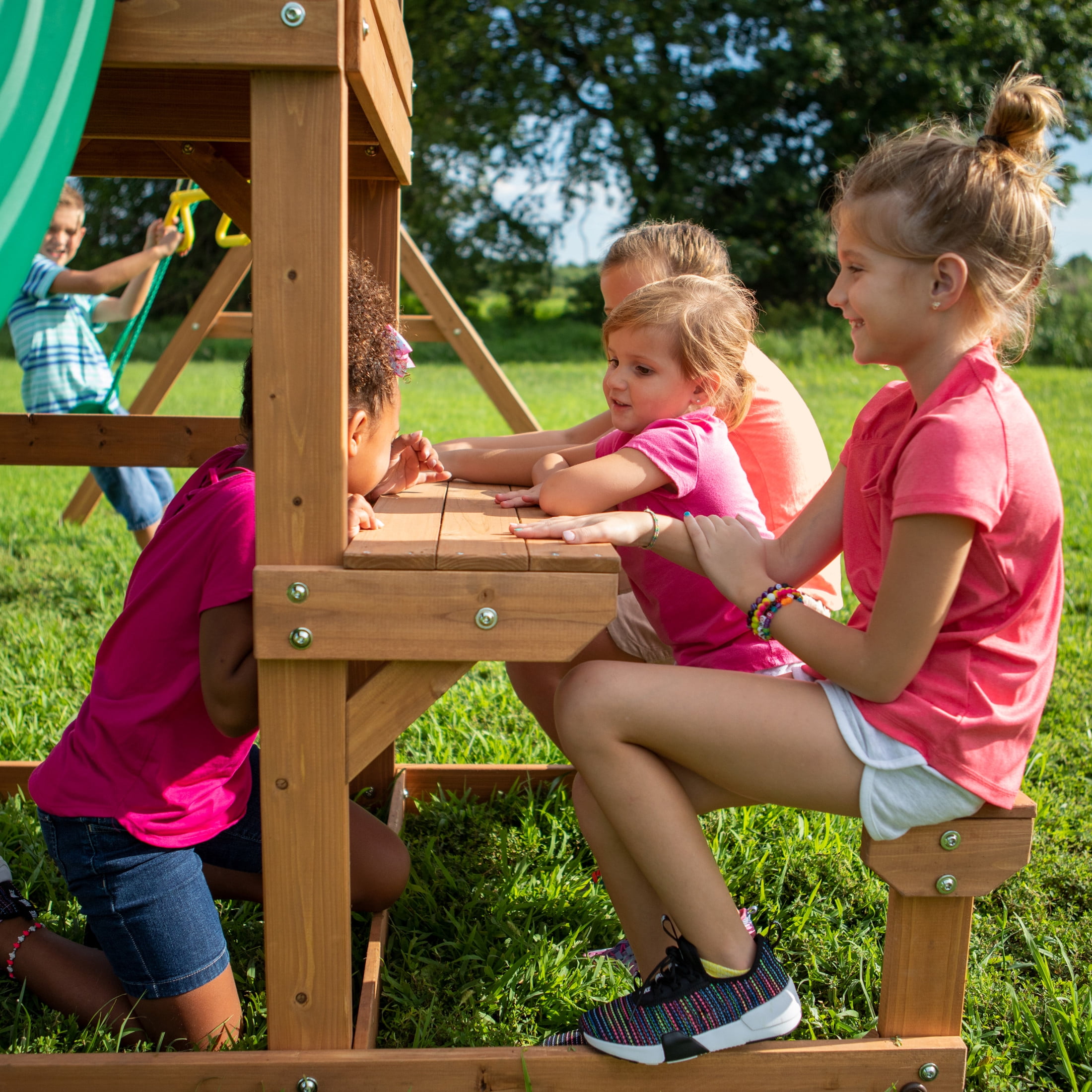 Backyard Discovery Belmont Cedar Wood Swing Set with Slide, Play Deck, and Rock Wall Ladder (White Canopy, 1 Unit) dtlr1