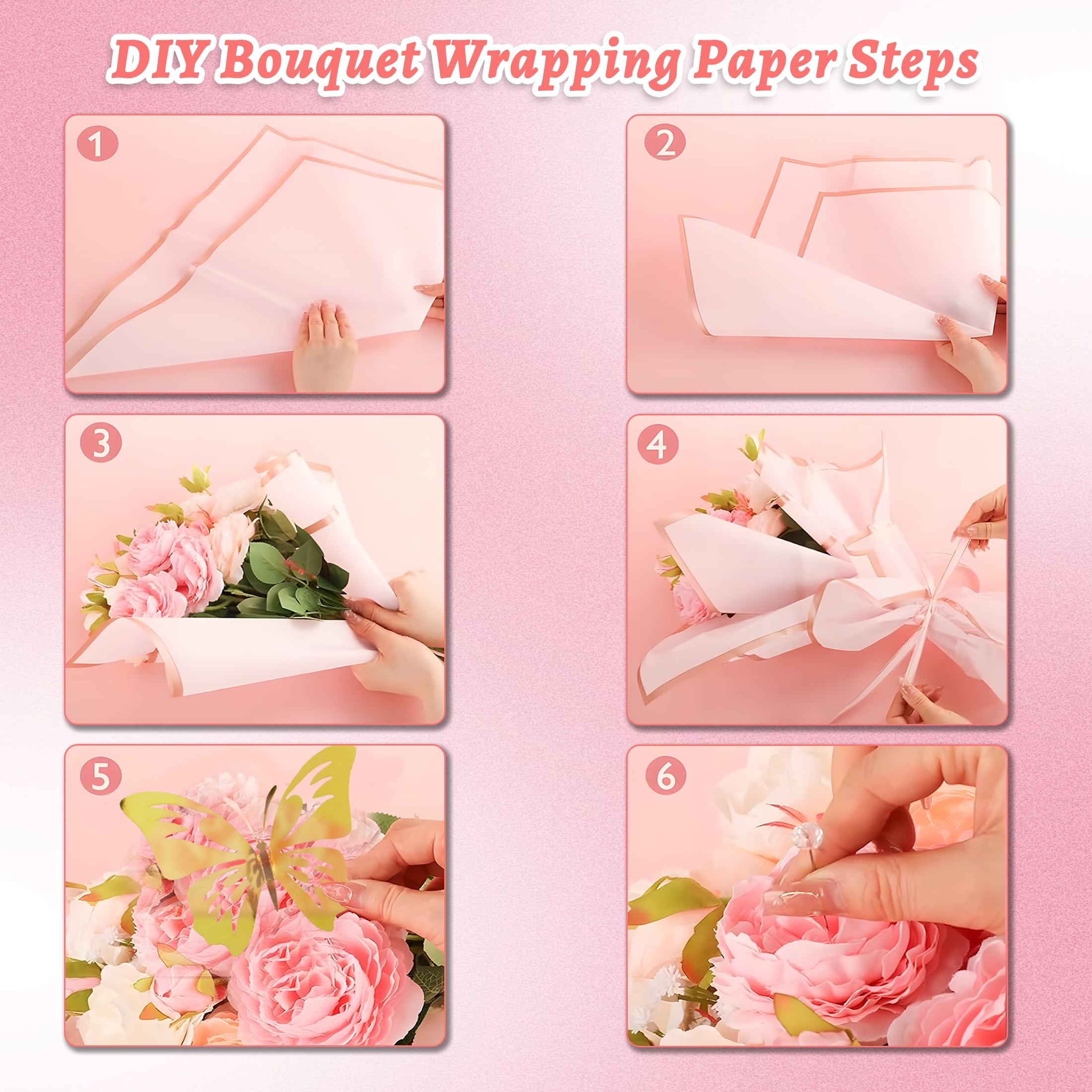 LANNEY Flower Bouquet Wrapping Paper Set, Waterproof Floral Wrap with Gold Butterfly Decor, Ribbon, and Pearl Pins (143 Pcs, 22.2 x 22.1 in) k4y5f