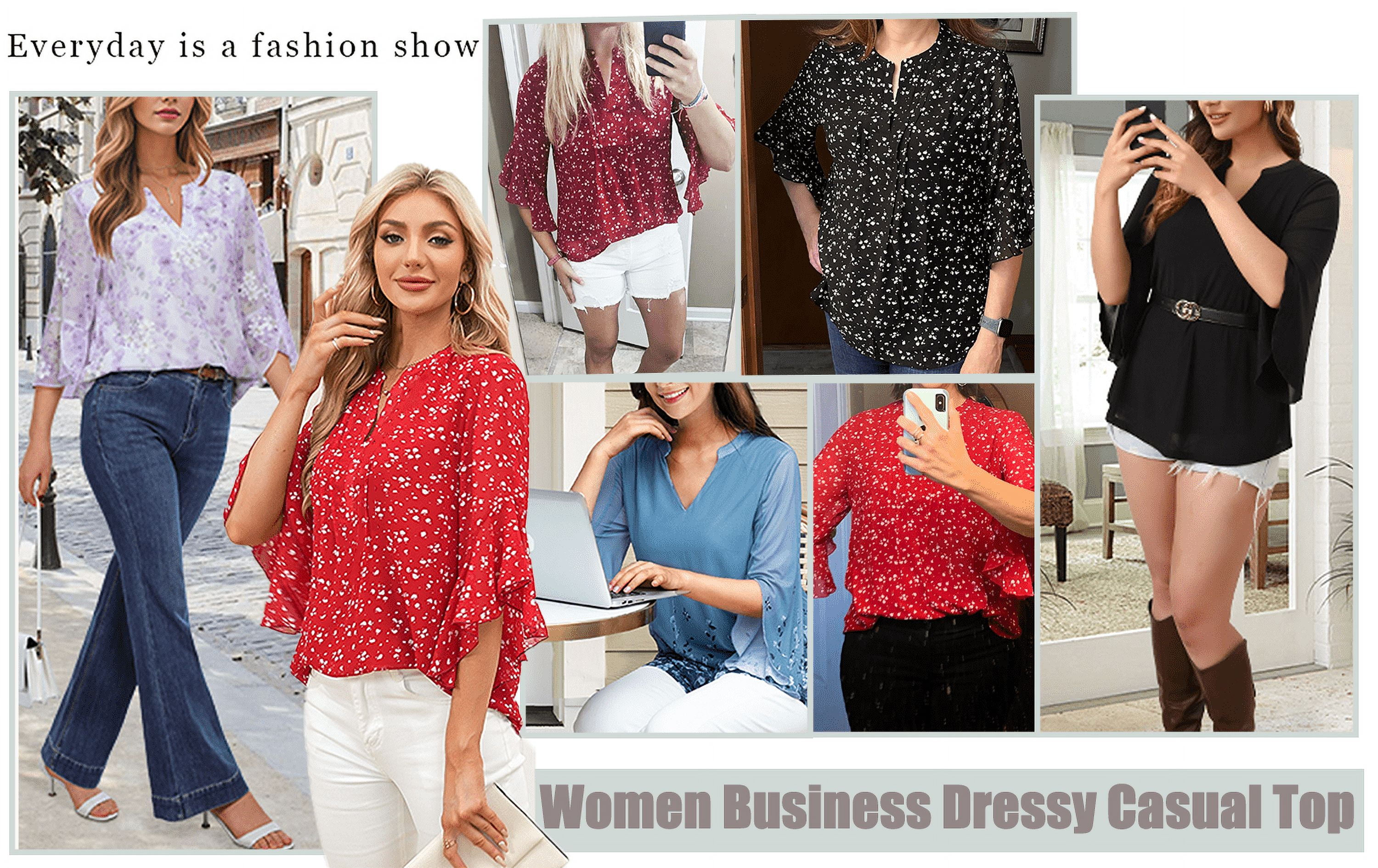 Fantaslook Womens V Neck Blouse 3/4 Ruffle Sleeve Dressy Casual Work Shirt (Red, L) 7ag4q