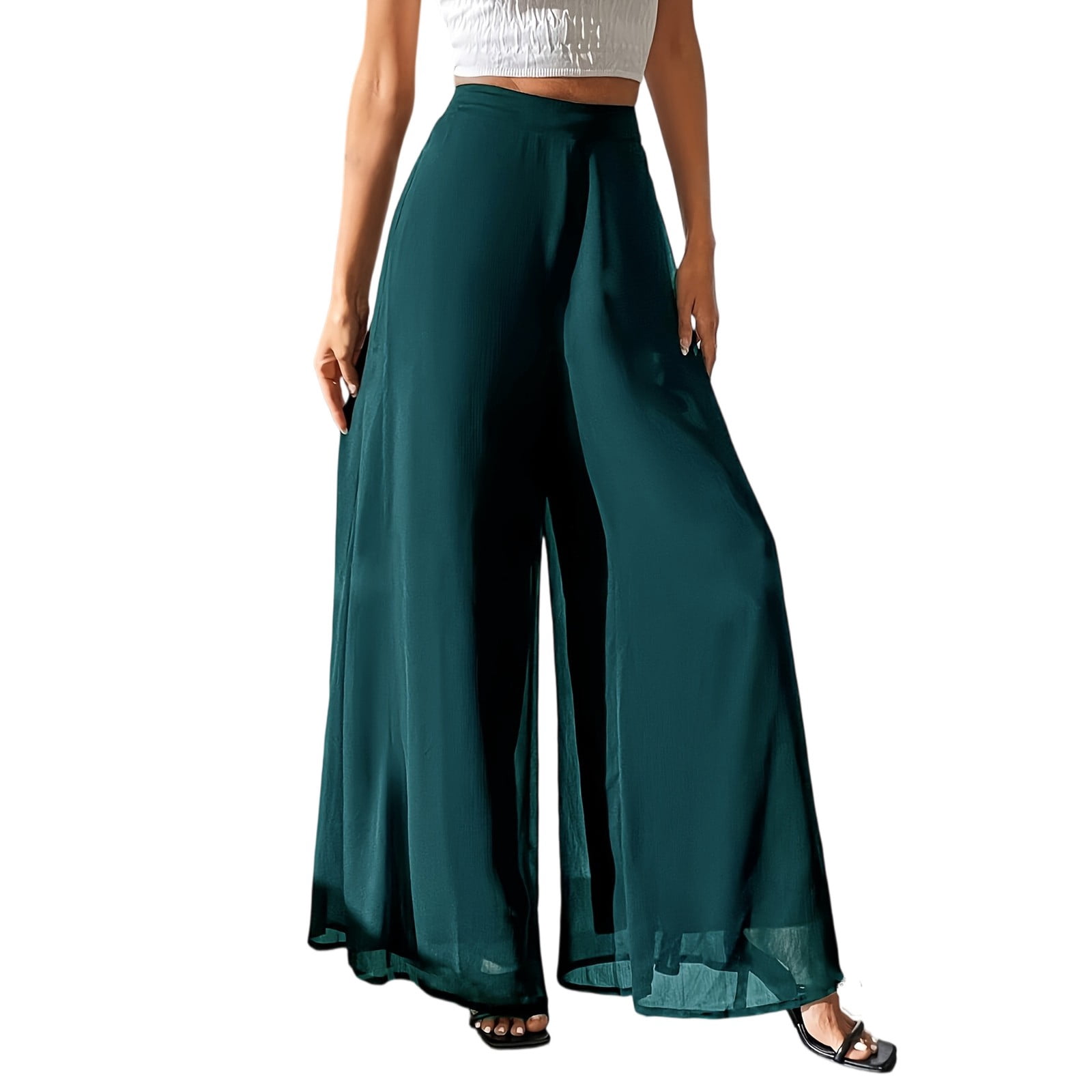 DZHXSQX Women's Wide Leg Palazzo Pants Chiffon High Waist Flowy Beach Trousers (Green, Large) 50eni