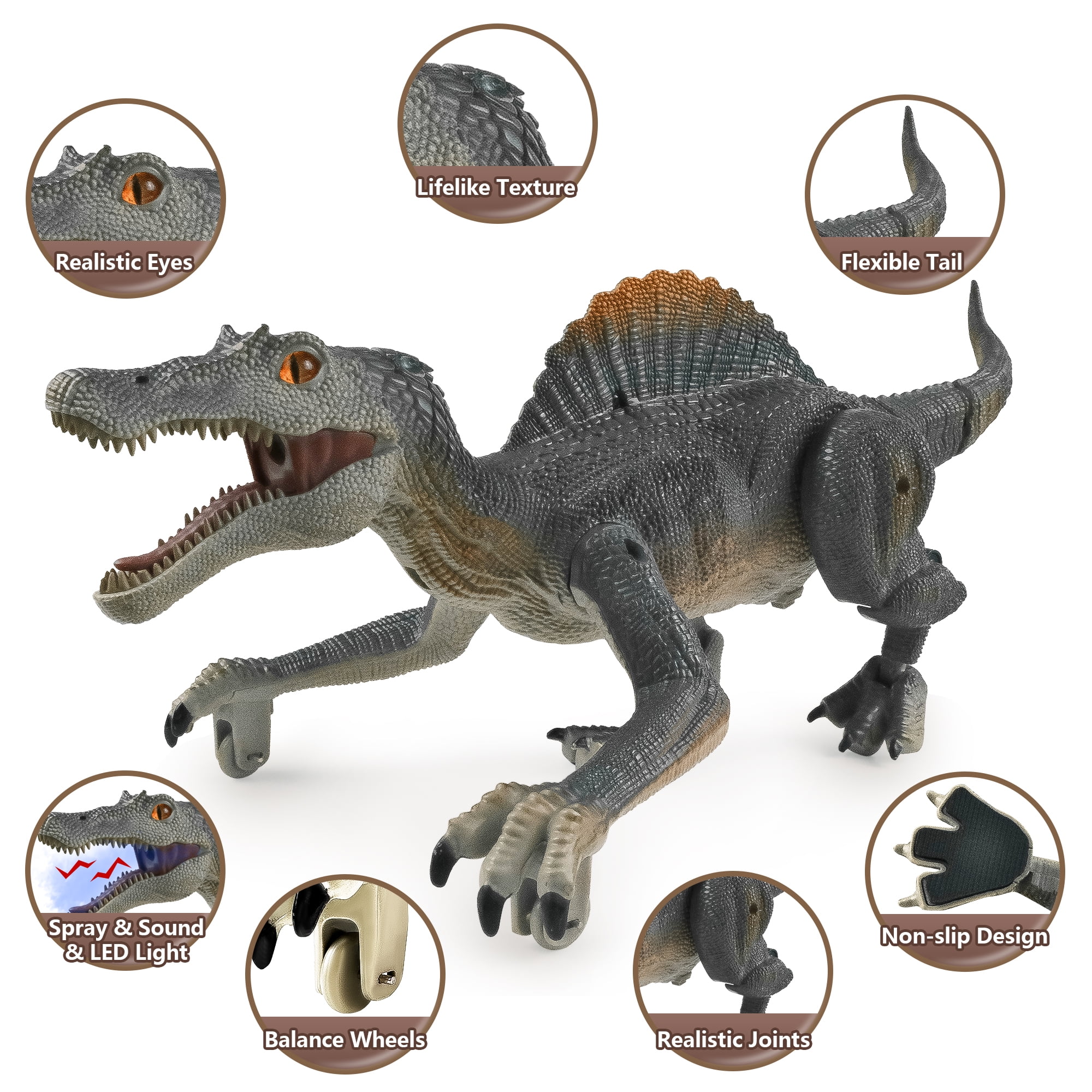 Richgv Remote Control Spinosaurus Robot Toy with Light and Spray Effects (Grey, 1 Pack) 9aahb