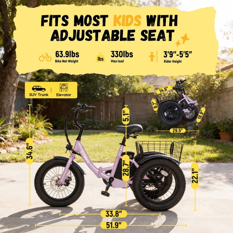 Elecby T300mini Electric Tricycle, 16 in Fat Tire Folding 3-Wheel E-Bike with 500W Motor (Pink) b4l74