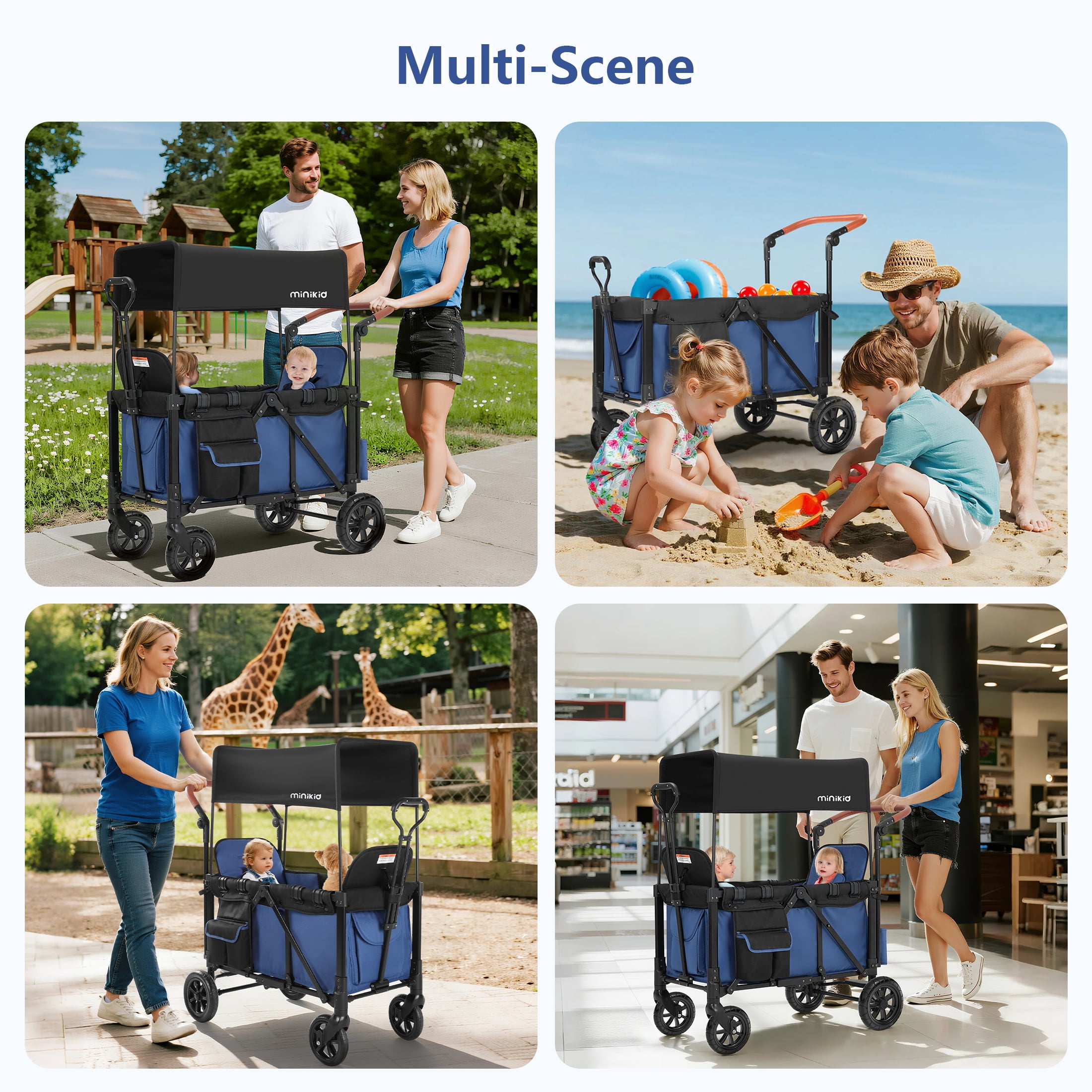 Minikid 2-Seater Wagon Stroller with Canopy and 5-Point Harness (Blue, 38 lb) jnqvp