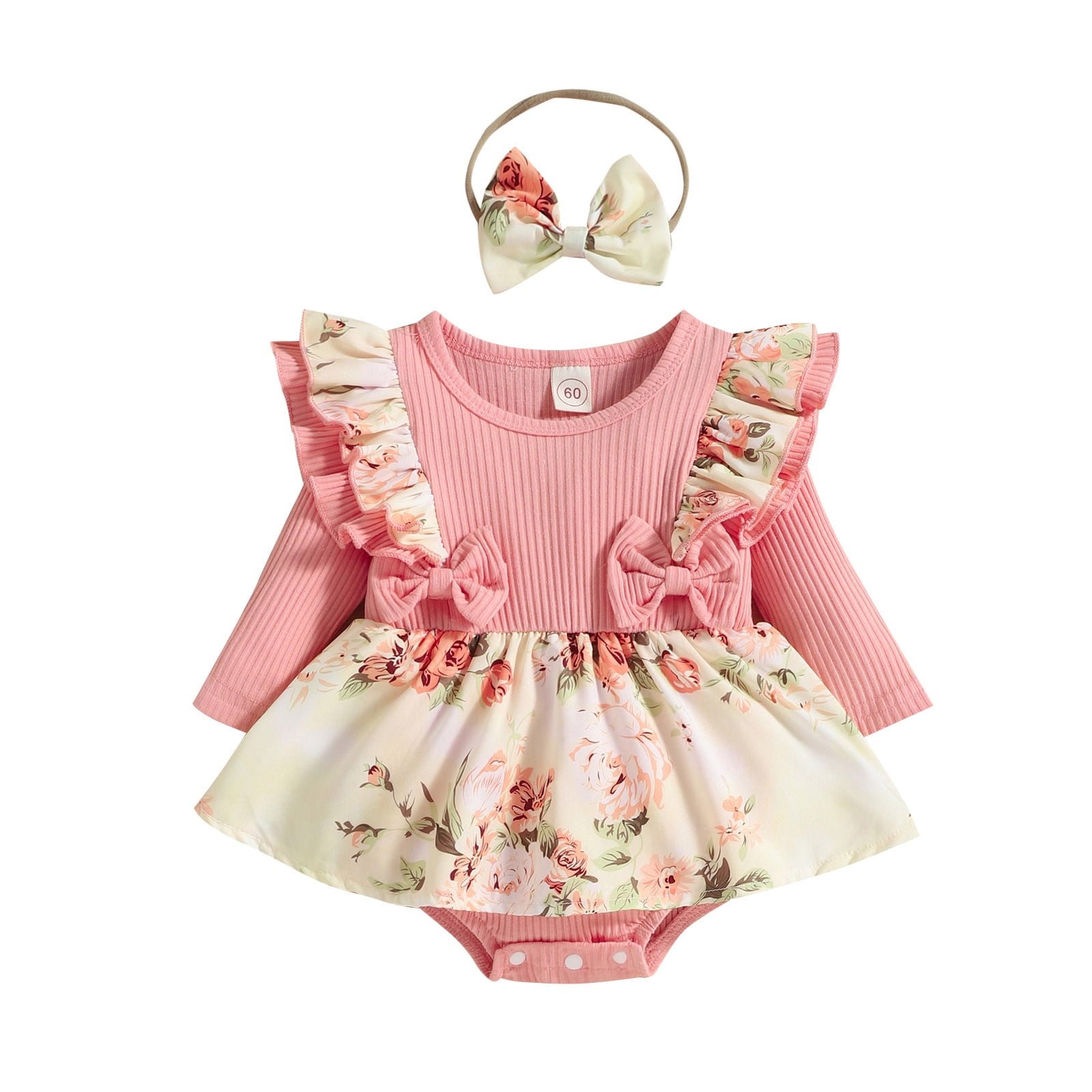 MANHUJI Infant Baby Girl Long Sleeve Floral Romper Dress with Headband Set (Pink, 9-12 Months) i3klt