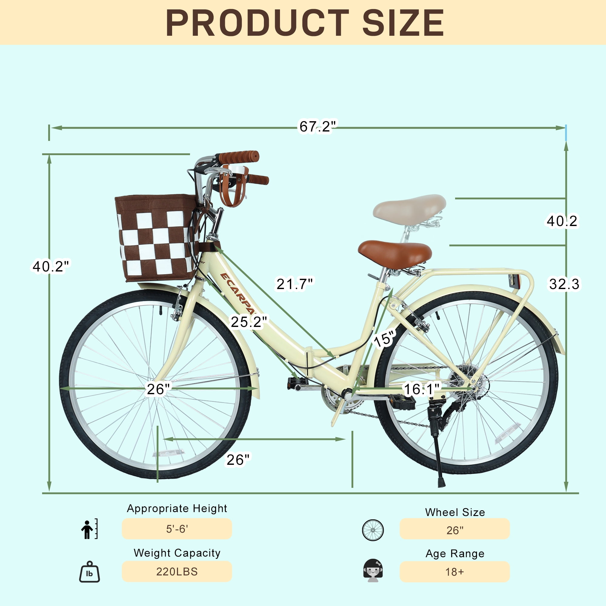 Tyethy 26-inch Womens Beach Cruiser Bike, 7-Speed Steel Frame City Bicycle (Beige, 26 in) 14zmv