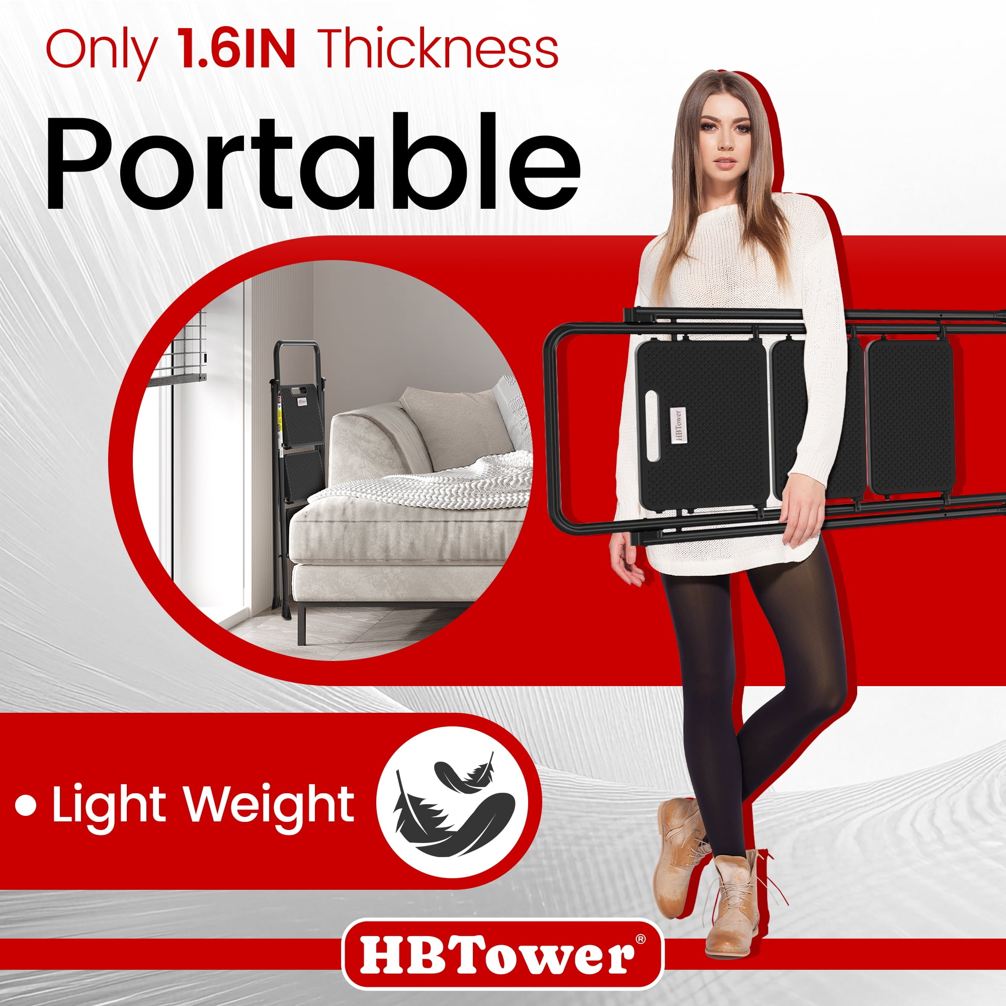 HBTower 3-Step Folding Ladder, Heavy-Duty Steel Step Stool with Anti-Slip Pedals and Handgrip (Black, 500 lb Capacity) 21v5g