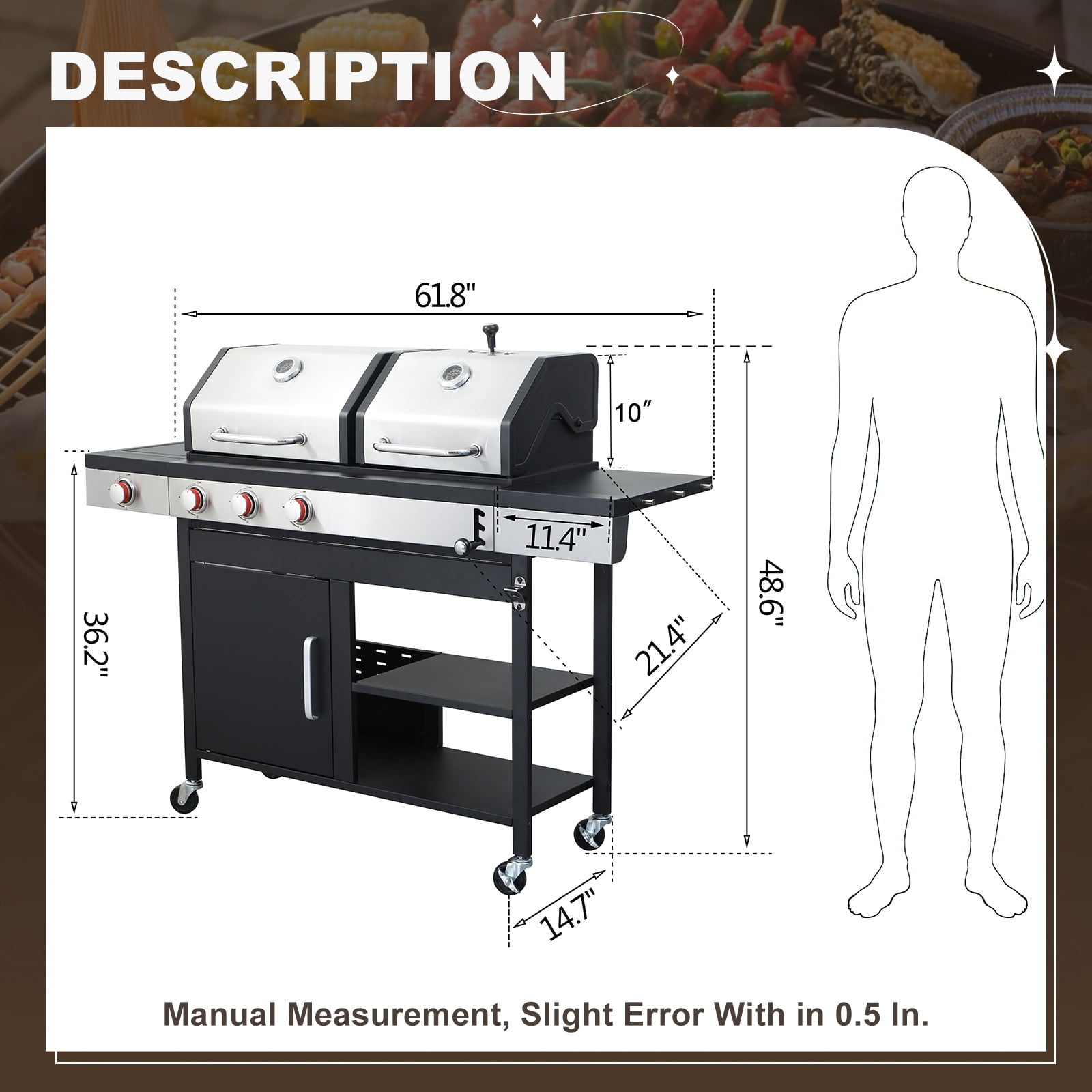 Nice Cooker Gas and Charcoal Combo Grill with Side Burner, Porcelain-Enameled Cast Iron Grates, Outdoor BBQ Grill with Storage Cabinet (Black, 37,230 BTU) wd8ti