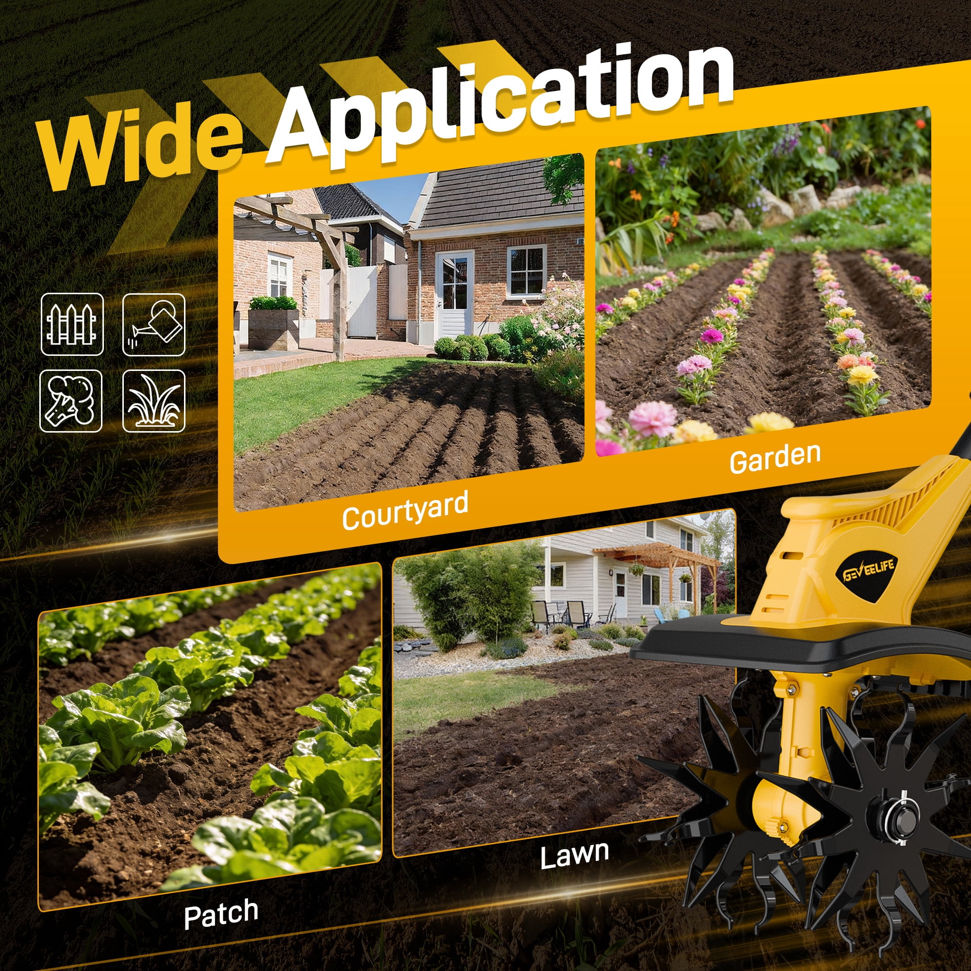 GEVEELIFE 20V Cordless Tiller Cultivator, Brushless Motor with Dual 4.0Ah Batteries (12 in Width, 8 in Depth) qx4j6