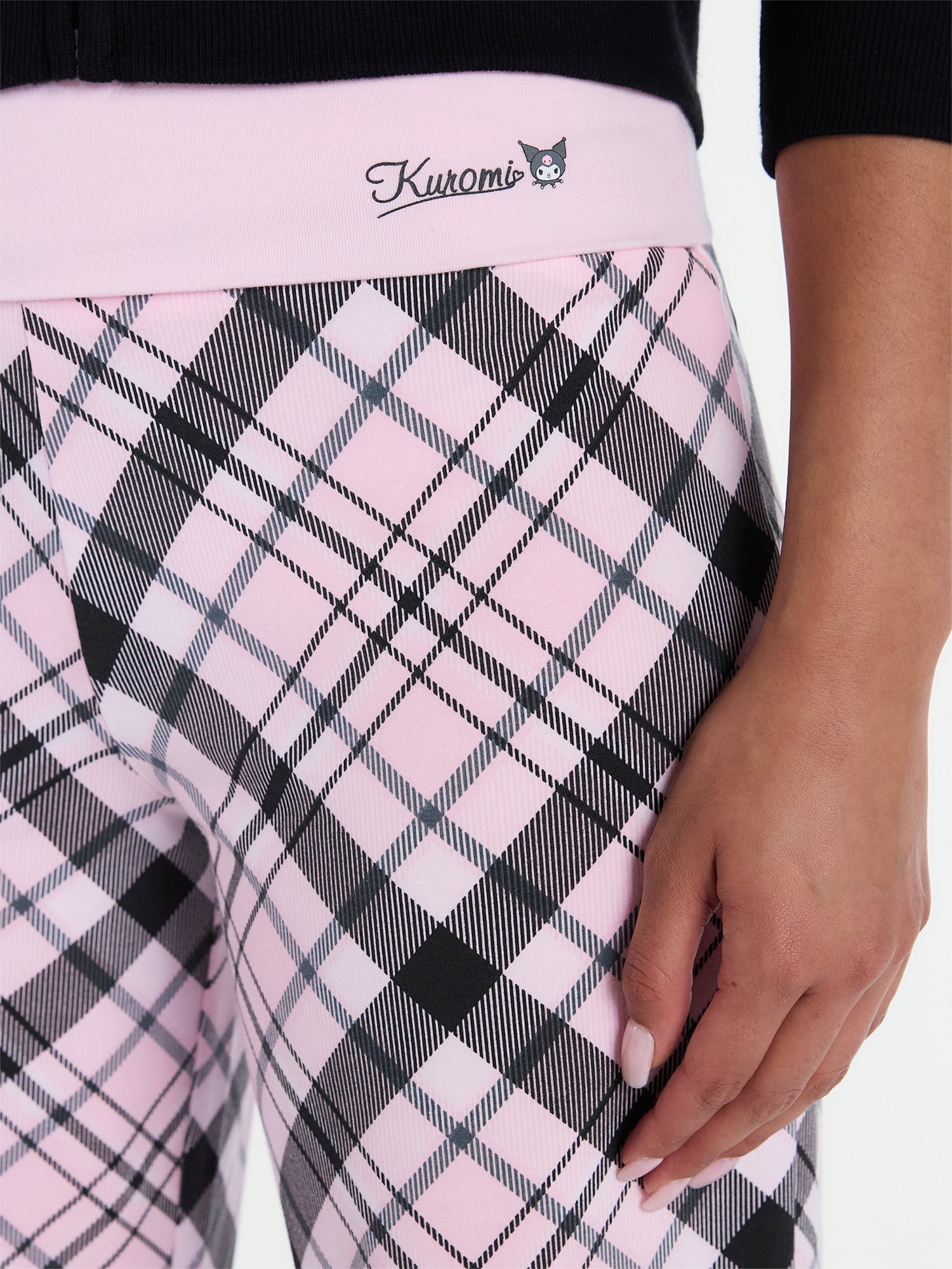 HelloKittyFriends Kuromi Plaid Foldover Pants Women's Wide Leg Lounge Bottoms (Pink, S) sbf7h
