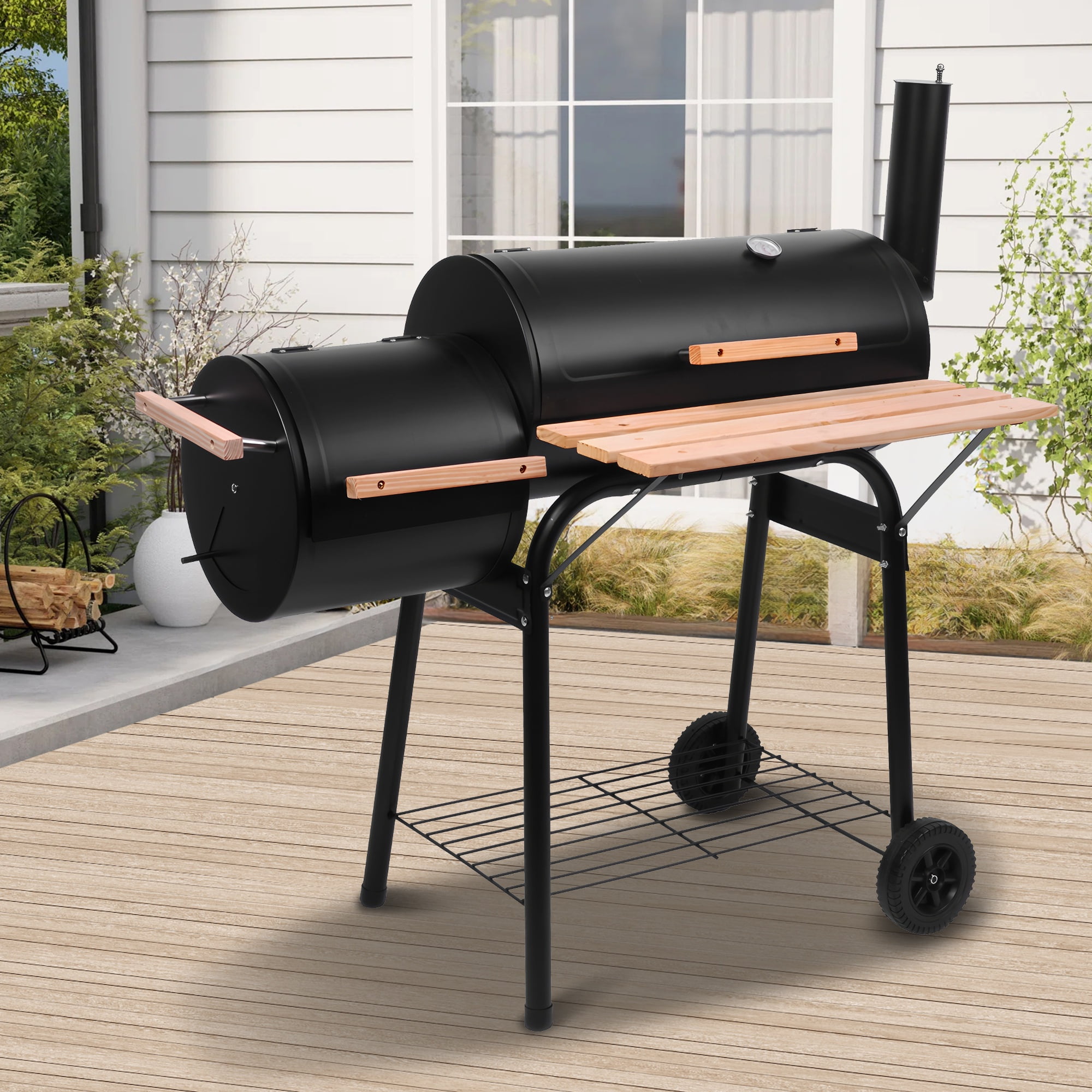 Seizeen Charcoal Grill with Offset Smoker, Outdoor BBQ Grill with Side Table (Black, 44 in x 25 in x 45 in) dq2j8