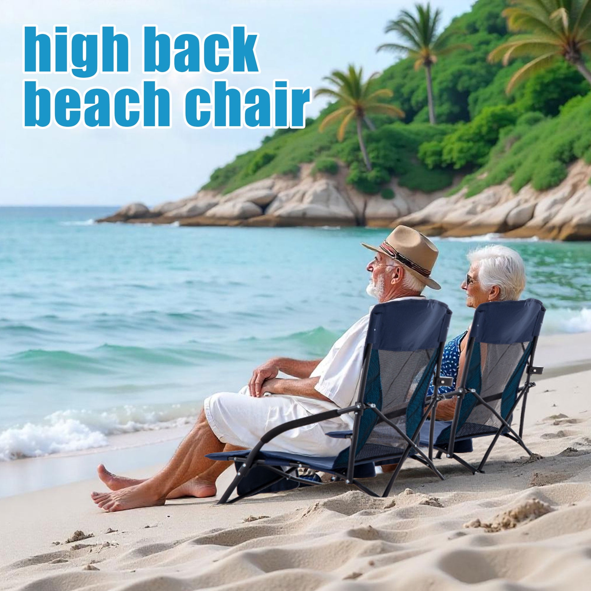 HoneiLife Low Folding Beach Chair, Portable Lightweight Outdoor Lawn Seat with Cup Holder and Carry Bag (Navy Blue, 300 lb Capacity) acpat