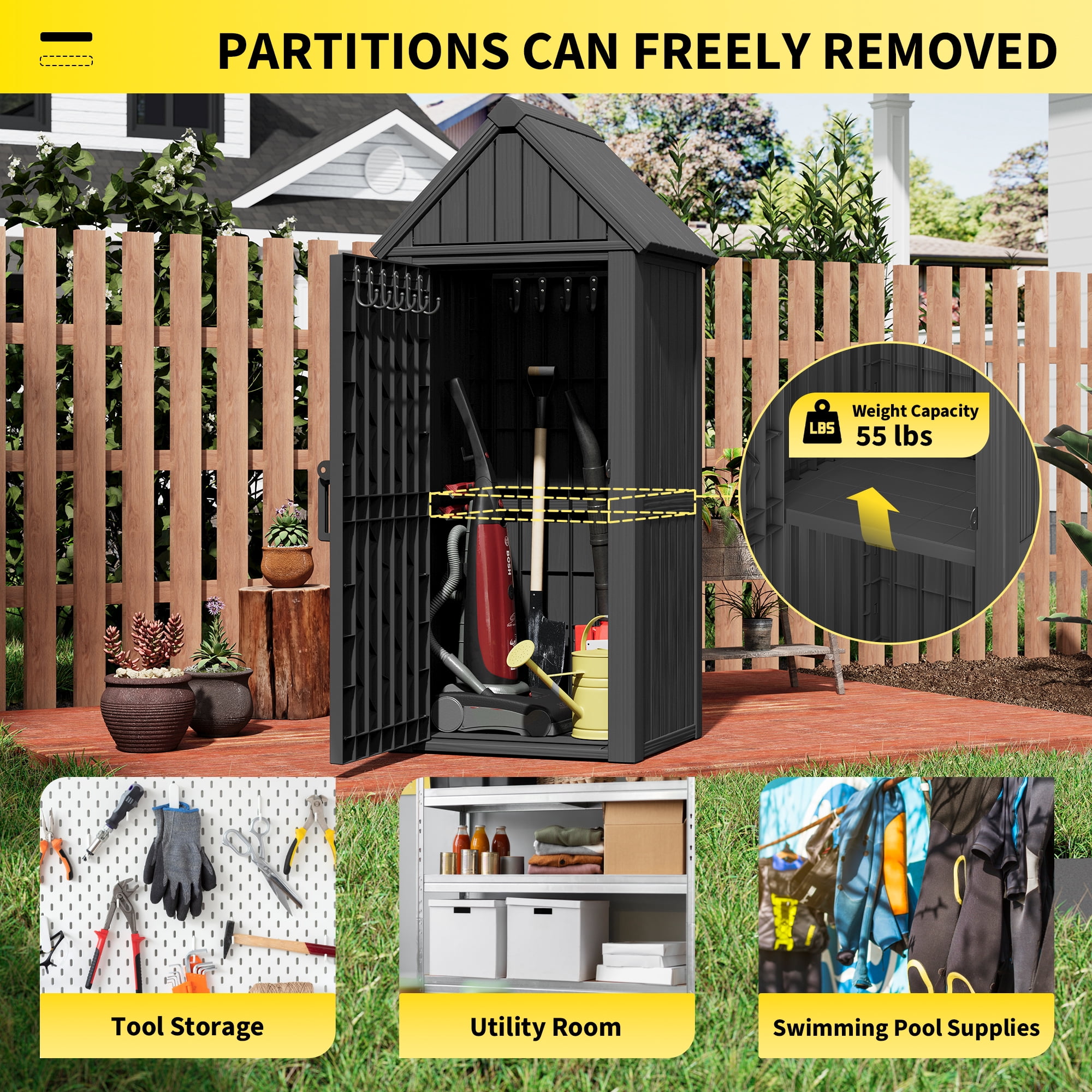 Bifanuo Outdoor Storage Shed, Weatherproof Garden Tool Cabinet with Shelves and Hooks (Black, 47.5 in x 72.9 in x 81.9 in) 39njr