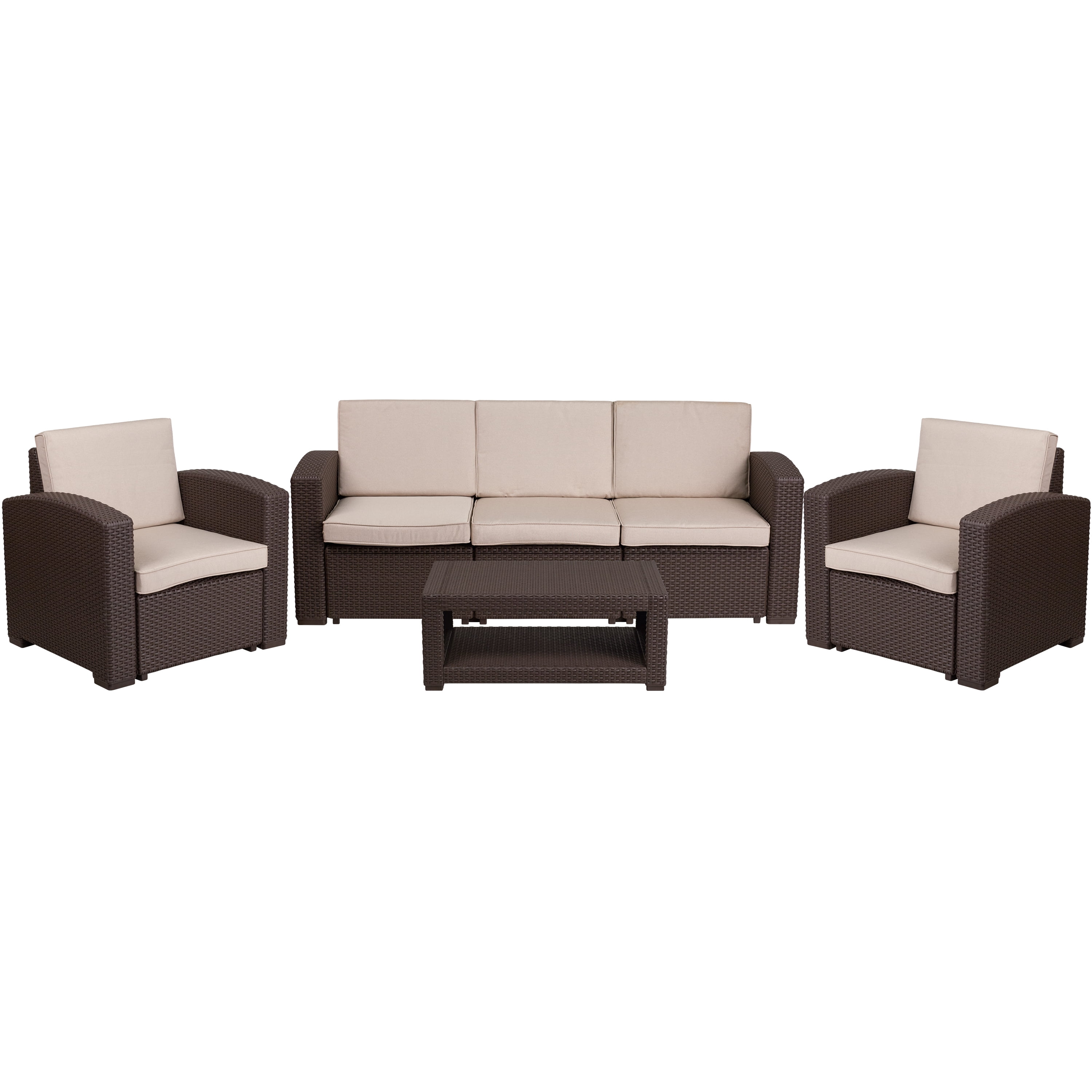 Flash Furniture Seneca 4 Piece Outdoor Faux Rattan Patio Conversation Set (Chocolate Brown, 4-Piece Set) q1jju