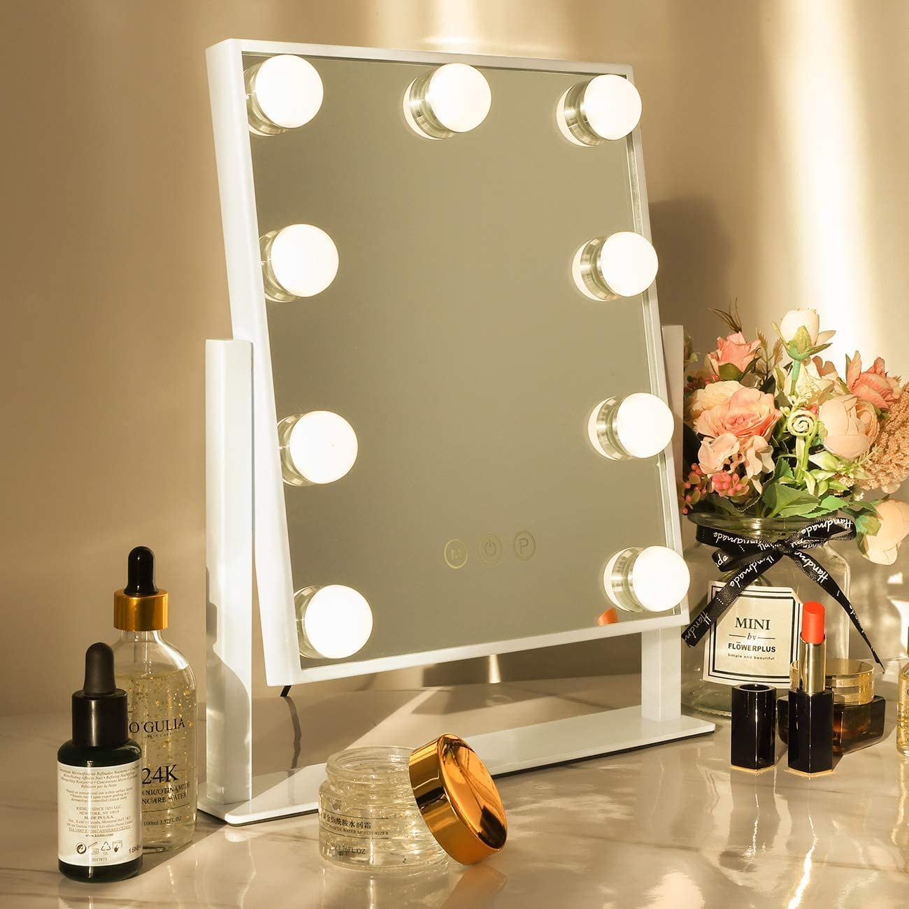 Fenchilin Vanity Makeup Mirror with Lights, 360 Degree Swivel Tabletop Mirror, Adjustable Brightness & 3 Color Modes (White, 12 in x 14 in) 0yz6e