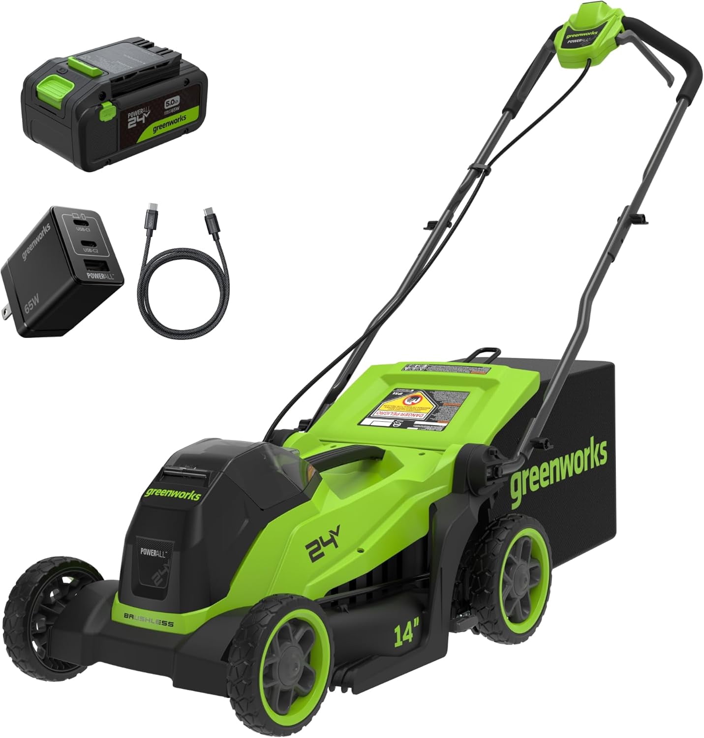Greenworks 24V 14 in Brushless Cordless Lawn Mower Kit with 5.0Ah USB-C Battery and 65W Charger (Green, 14 in) tiphk