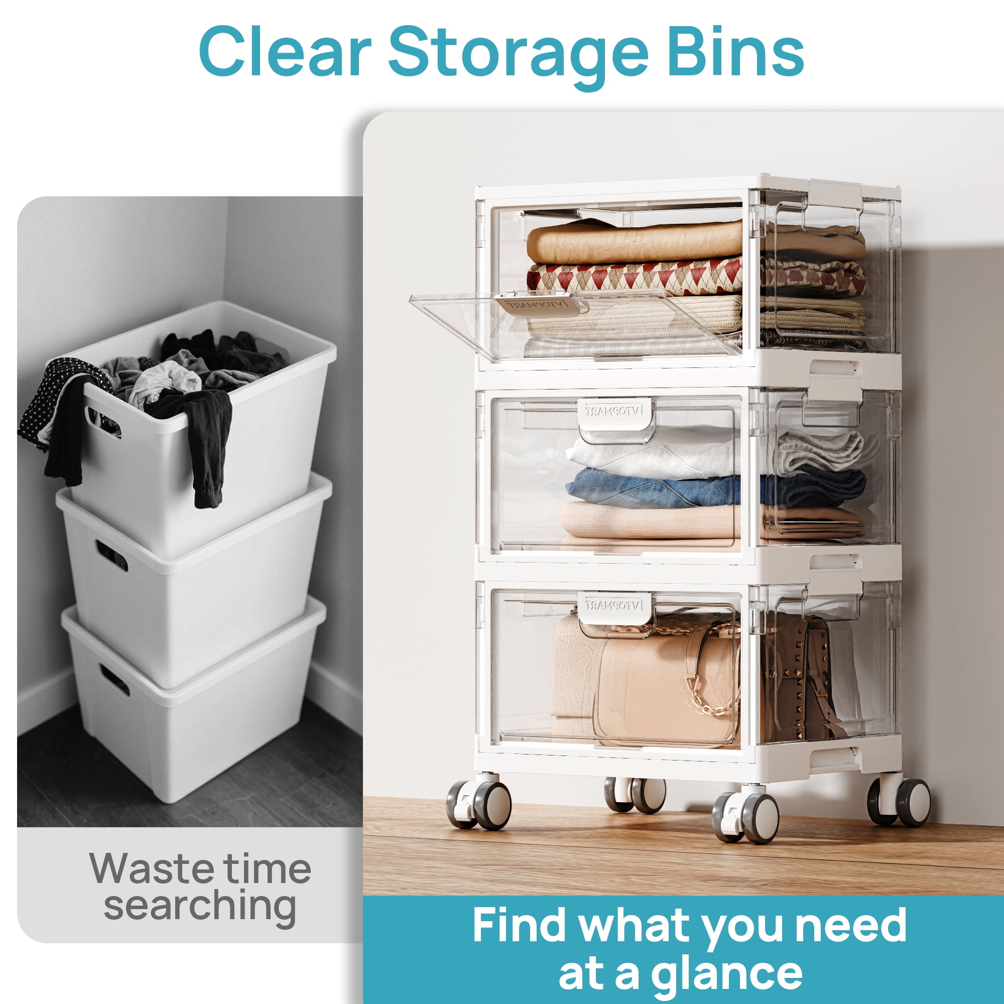 Sindcom 3-Layer Stackable Storage Bins, Foldable Large Organizer with Lids and Wheels (White, 72 qt) 51ap9