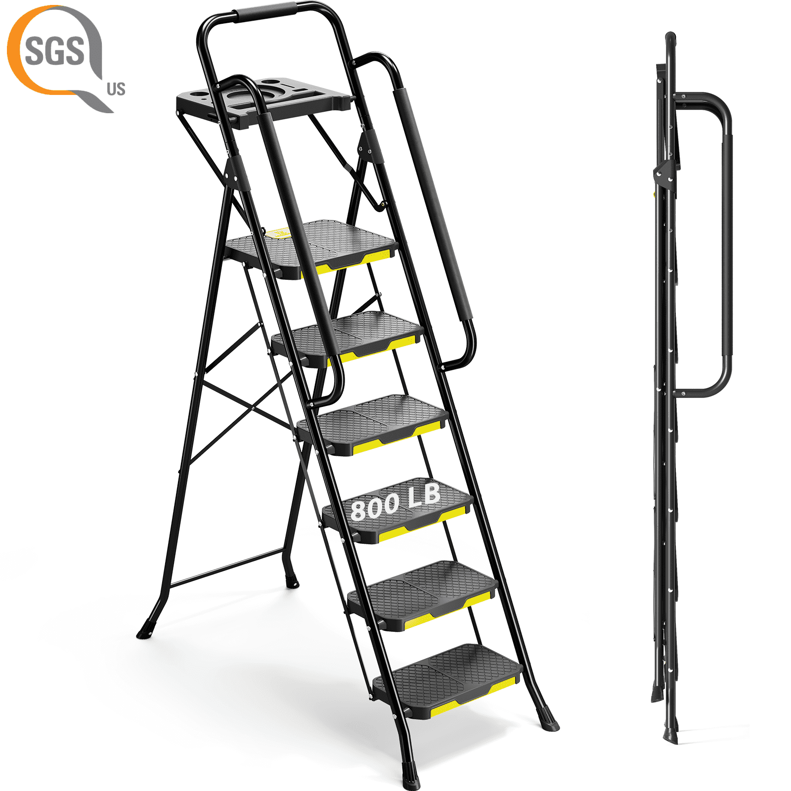 KINGRACK 6 Step Ladder, Heavy-Duty Steel Step Stool with Tool Platform and Handrails (Black, 800 lb Capacity) ct59l