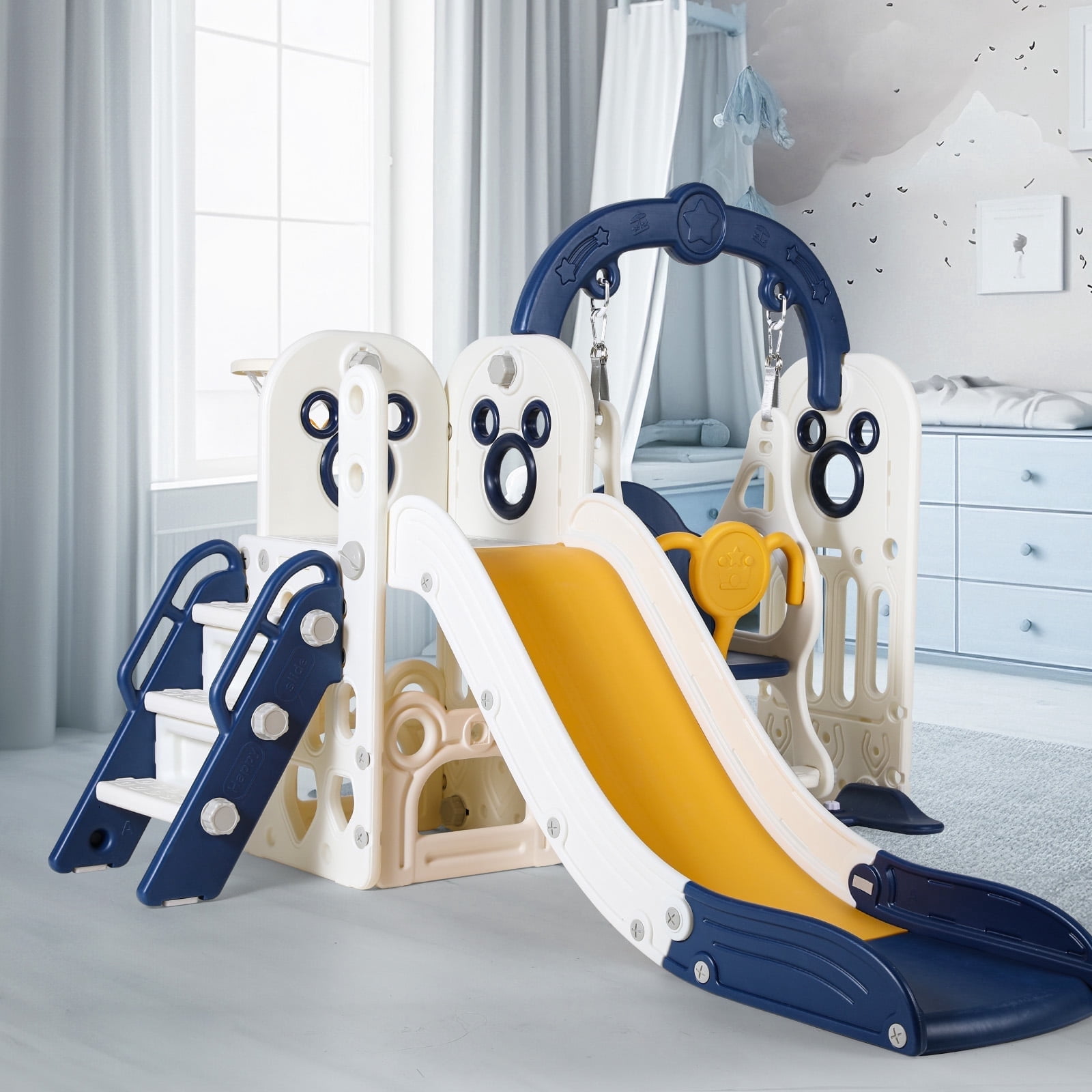 Arlopu Kids Slide and Swing Set, 5-in-1 Toddler Climber Playset with Basketball Hoop and Storage (Blue, 58.3 in x 58.7 in x 45.3 in) opnp5