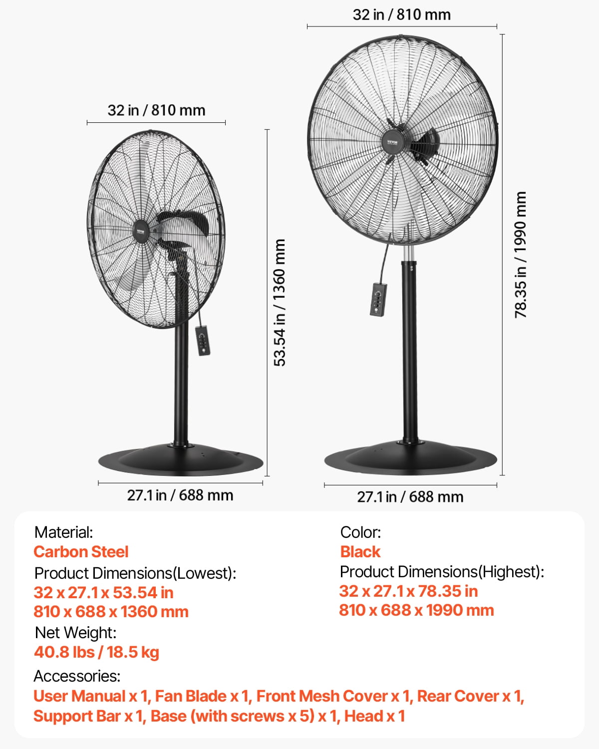 VEVOR Industrial Pedestal Fan, 30 Inch Oscillating Standing Fan with 3-Speed Control and Adjustable Height (Black, 30 in) ccp71