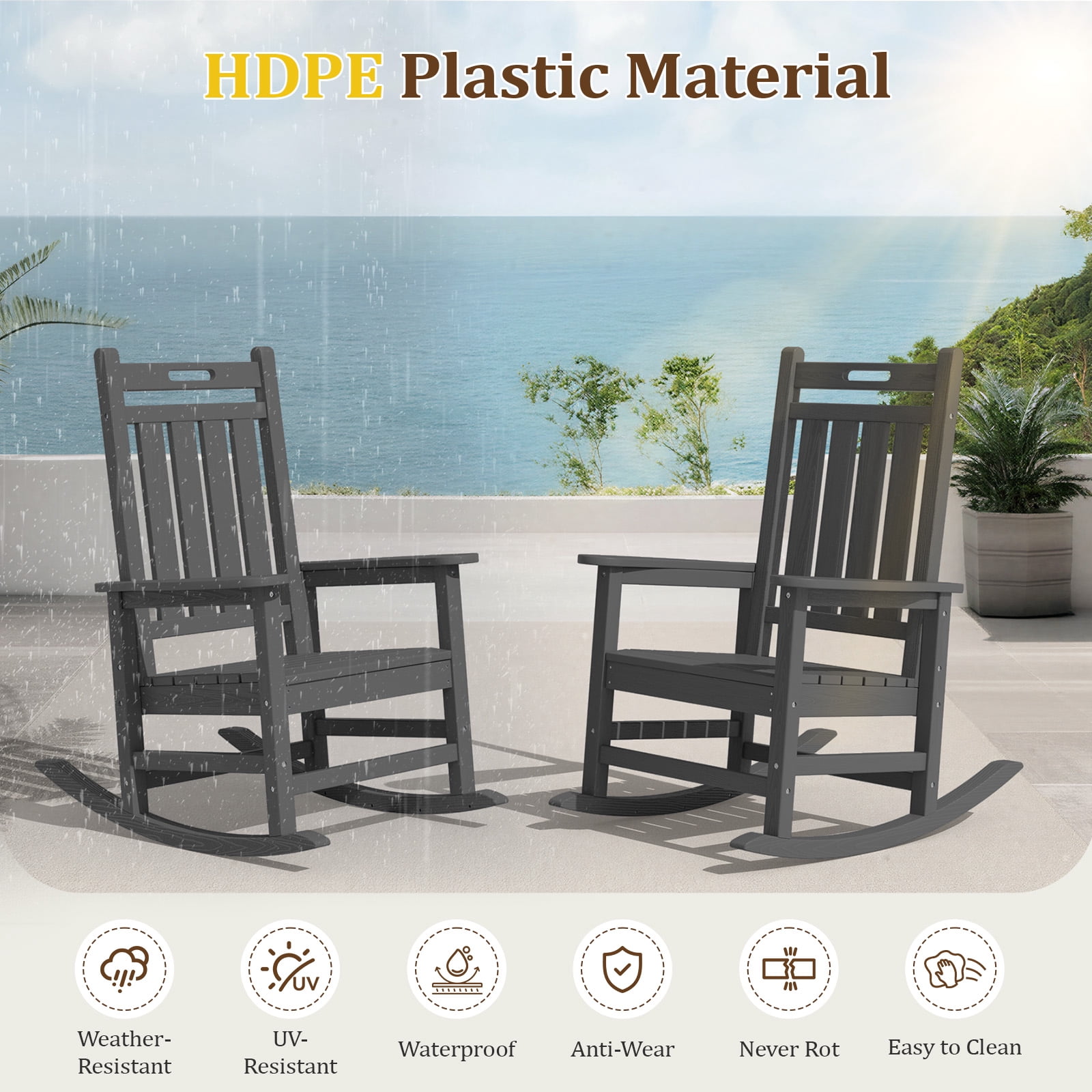 Loyalice HDPE Outdoor Rocking Chair, All-Weather High Back Patio Rocker with Wood-Grain Texture (Gray) 1kiwq